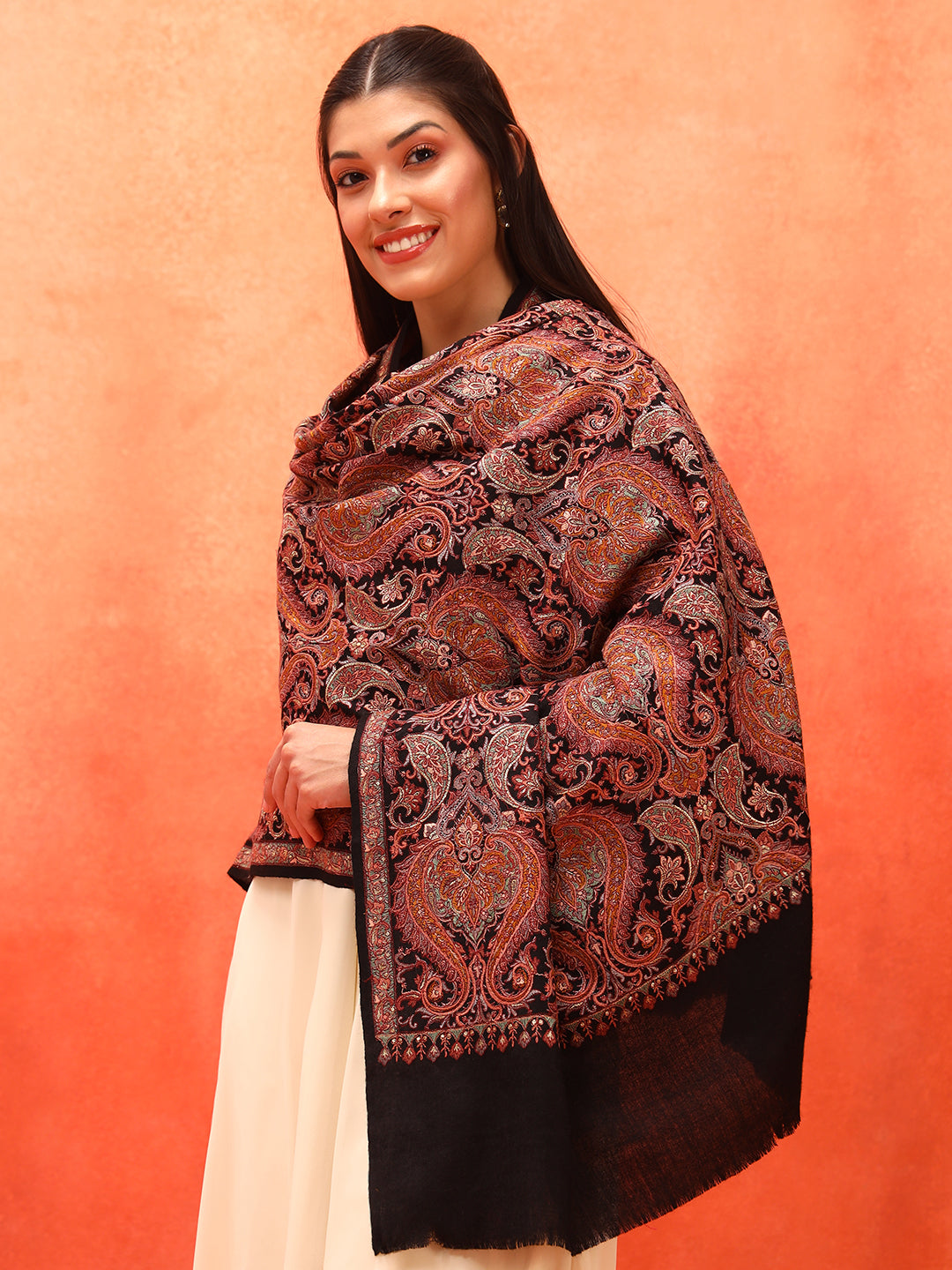 Pashmoda Women Rehnan 100% Pure Wool Sozni Hand Embroidered Shawl (Size: 101x203 Cm)