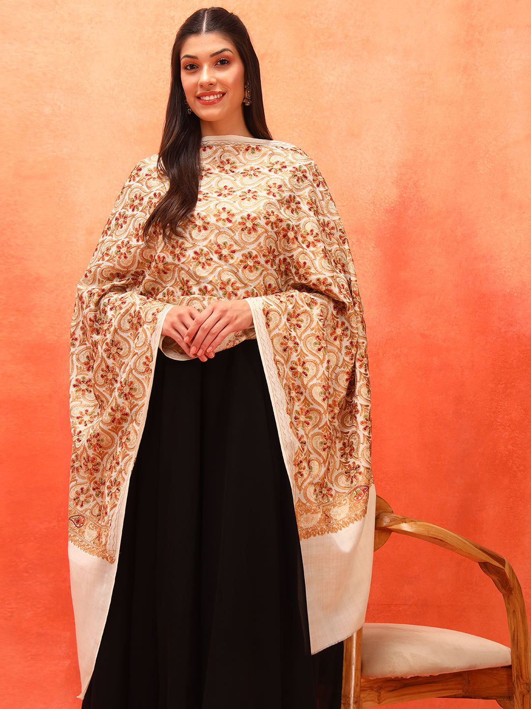 Pashmoda Women Kashish Fine Wool Nalki Embroidered Stole (Size : 71X203 CM)