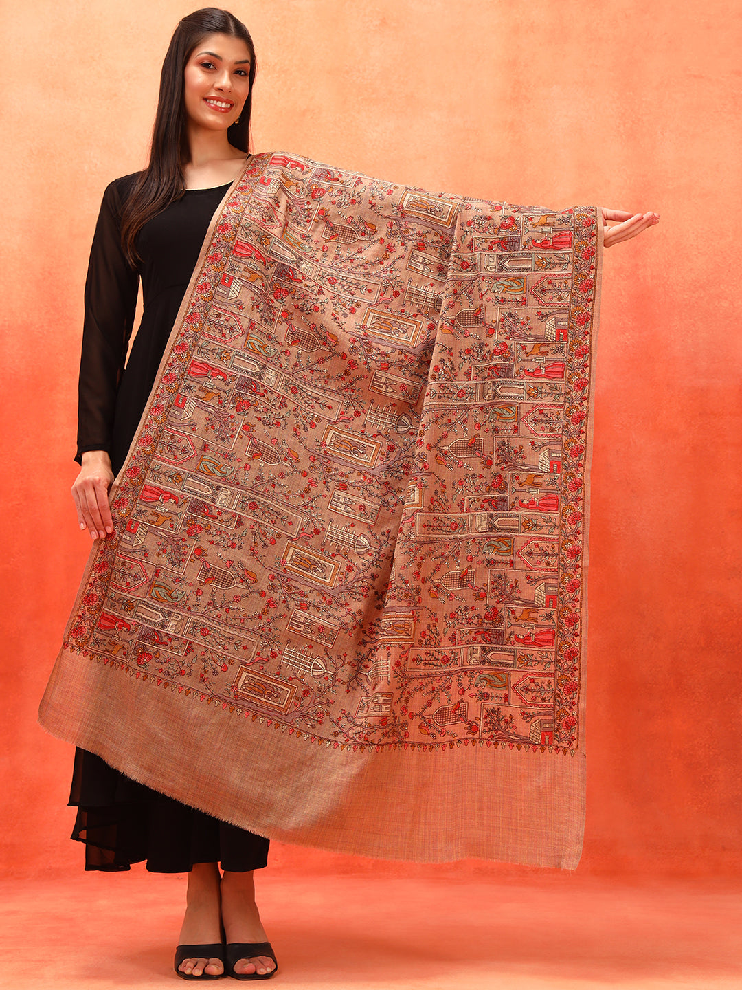 Pashmoda Women Arwina 100% Pure Wool Sozni Hand Embroidered Shawl (Size: 101x203 CM)