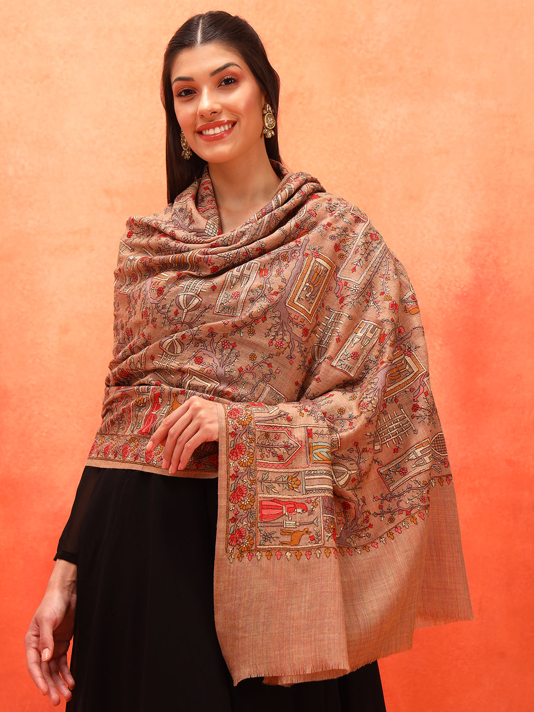 Pashmoda Women Arwina 100% Pure Wool Sozni Hand Embroidered Shawl (Size: 101x203 CM)