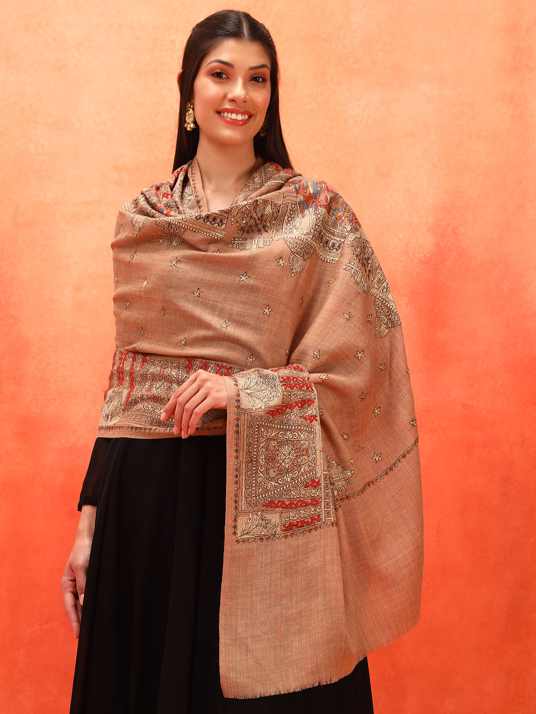 Pashmoda Women Zavian 100% Pure Wool Sozni Hand Embroidered Shawl (Size: 101x203 Cm)