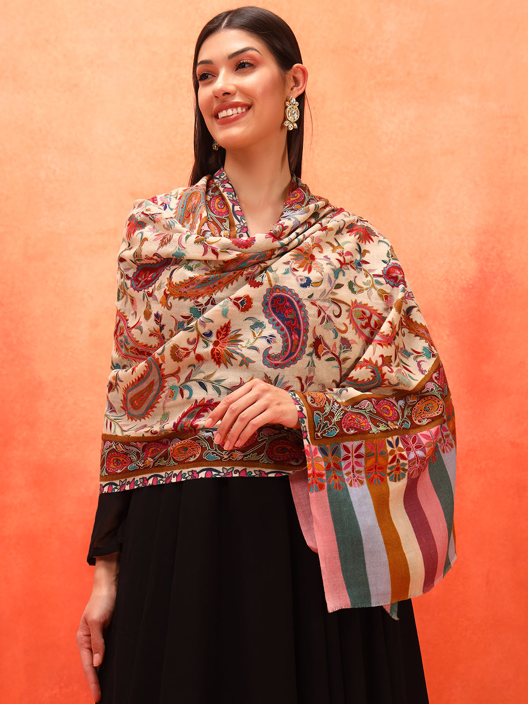 Pashmoda Women Floral Whispers 100% Pure Wool Fabric Kalamkari Embroidered Stole (Size: 71x203 cm)