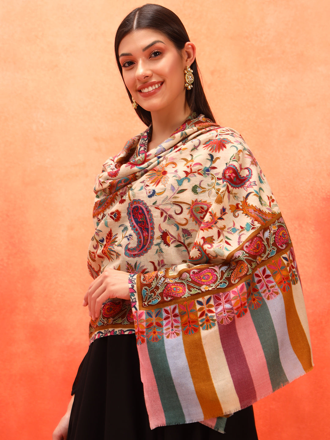 Pashmoda Women Floral Whispers 100% Pure Wool Fabric Kalamkari Embroidered Stole (Size: 71x203 cm)