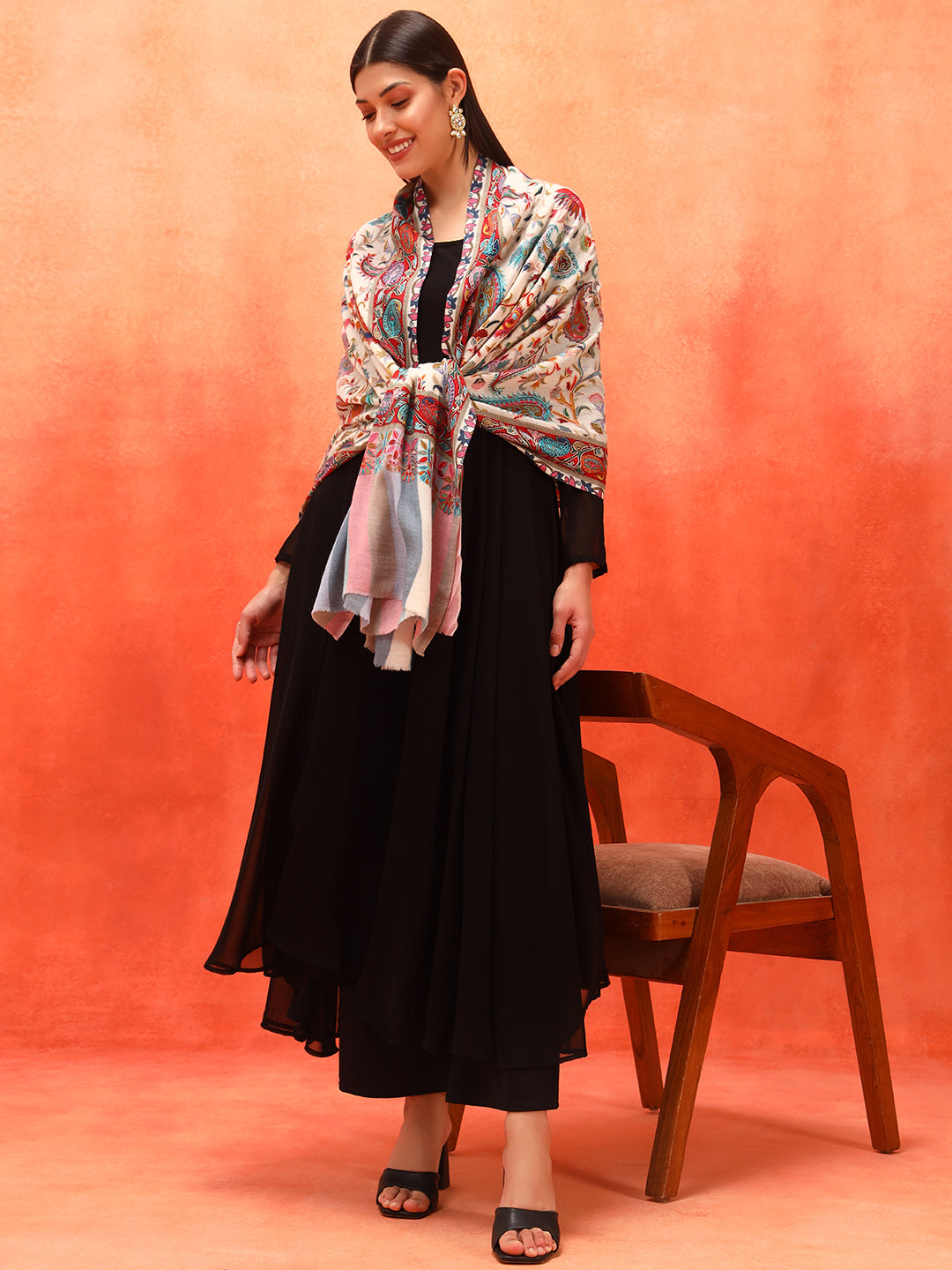 Pashmoda Women Floral Whispers 100% Pure Wool Fabric Kalamkari Embroidered Stole (Size: 71x203 cm)