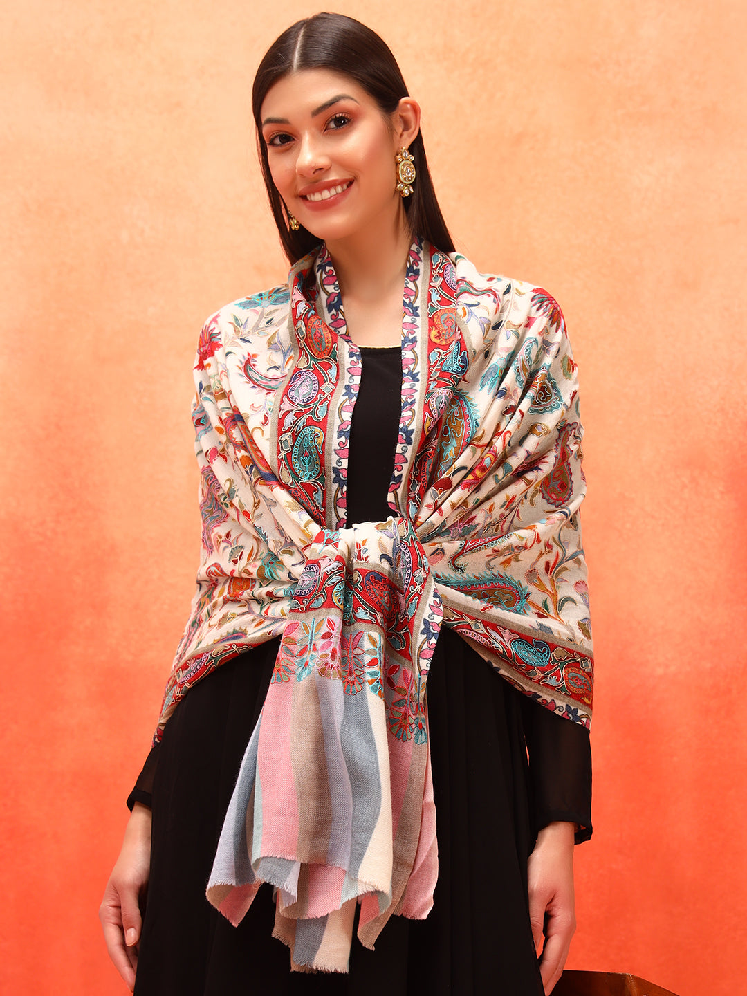 Pashmoda Women Floral Whispers 100% Pure Wool Fabric Kalamkari Embroidered Stole (Size: 71x203 cm)