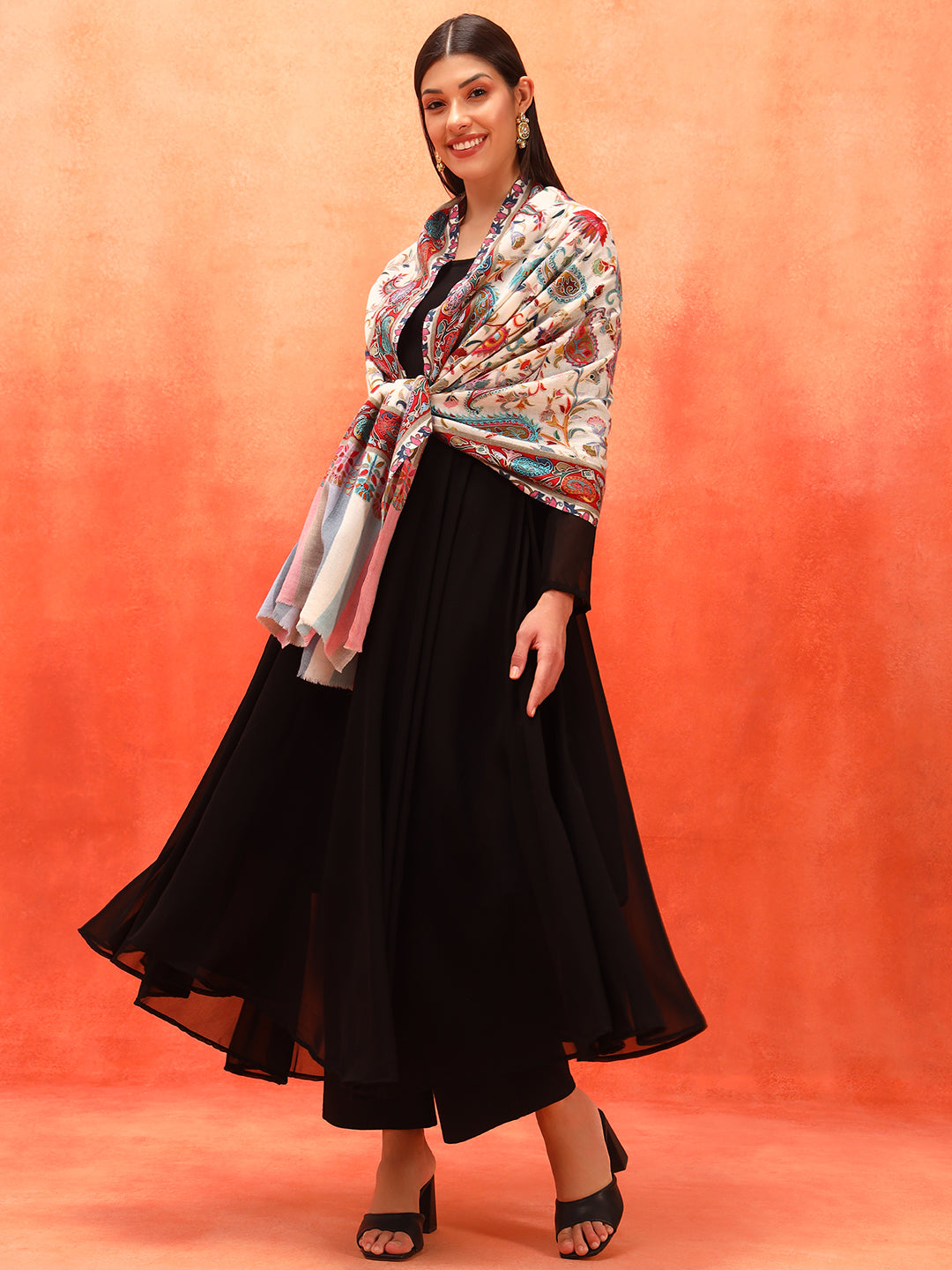 Pashmoda Women Floral Whispers 100% Pure Wool Fabric Kalamkari Embroidered Stole (Size: 71x203 cm)