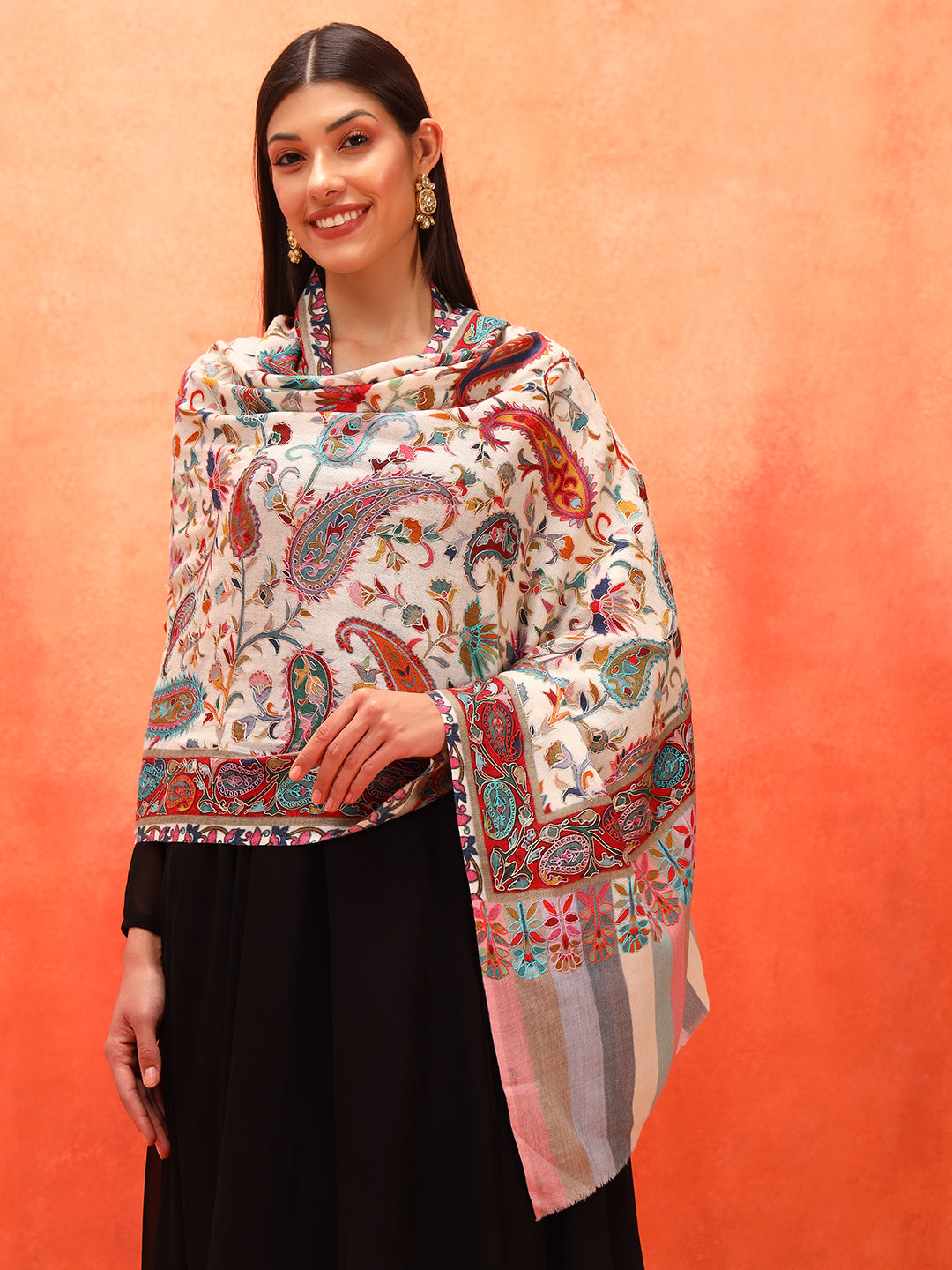 Pashmoda Women Floral Whispers 100% Pure Wool Fabric Kalamkari Embroidered Stole (Size: 71x203 cm)