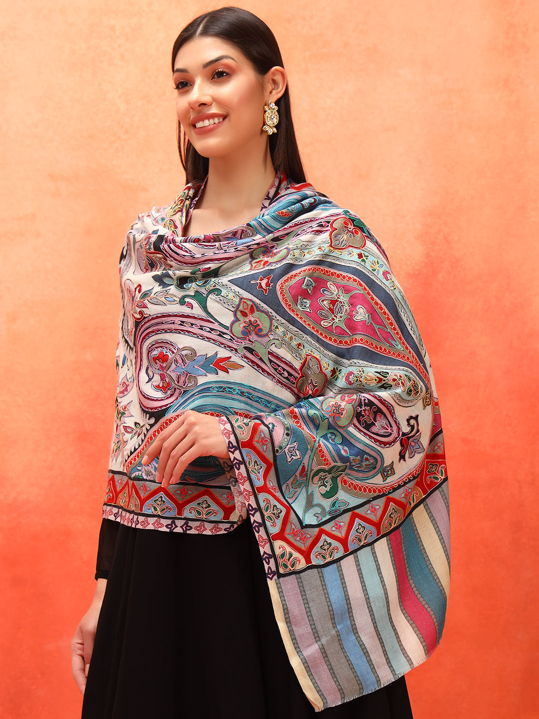 Pashmoda Women Rangdil 100% Pure Wool Fabric Kalamkari Embroidered Stole (Size-28x80in, 71x203cm)