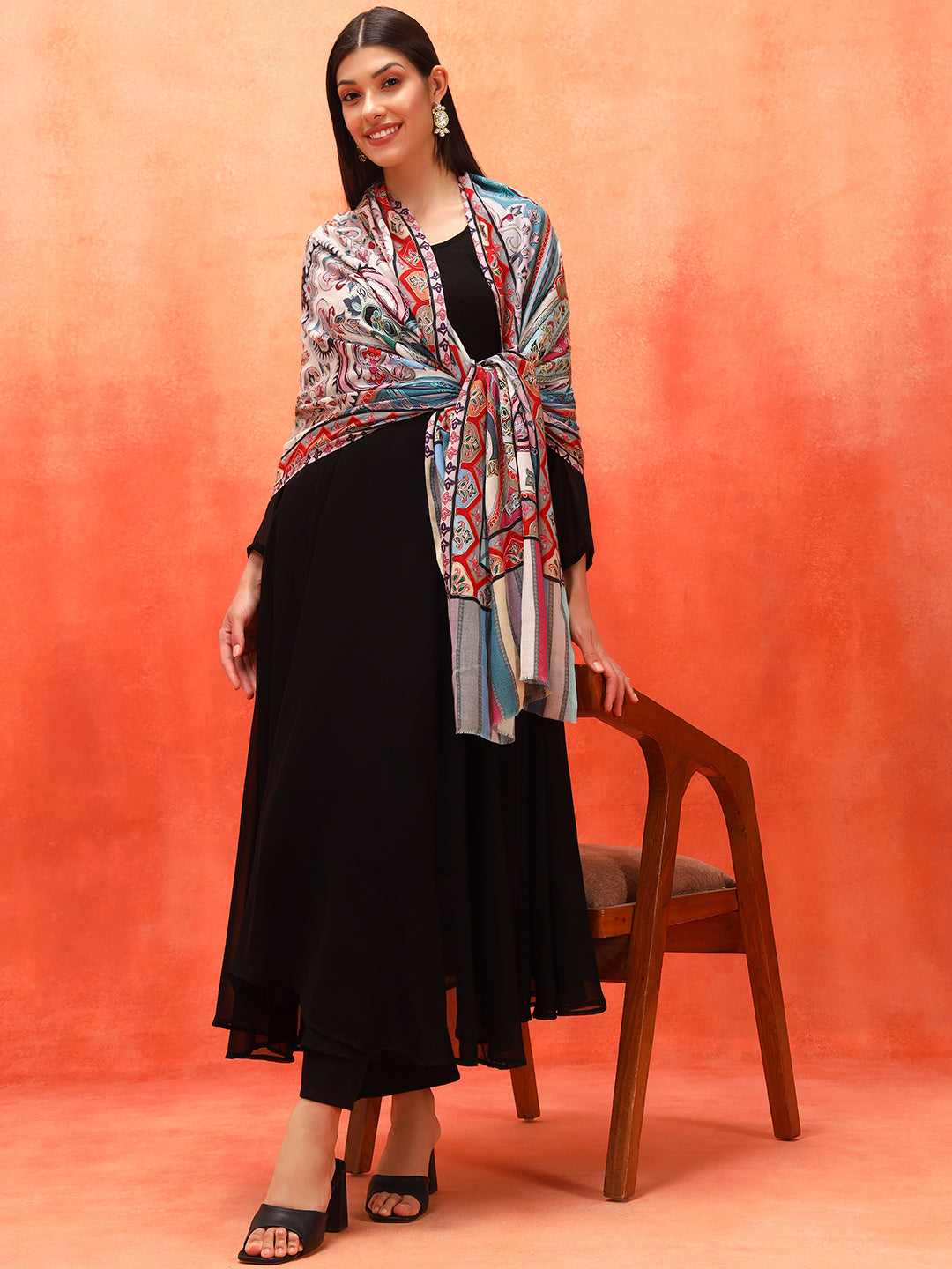 Pashmoda Women Rangdil 100% Pure Wool Fabric Kalamkari Embroidered Stole (Size-28x80in, 71x203cm)