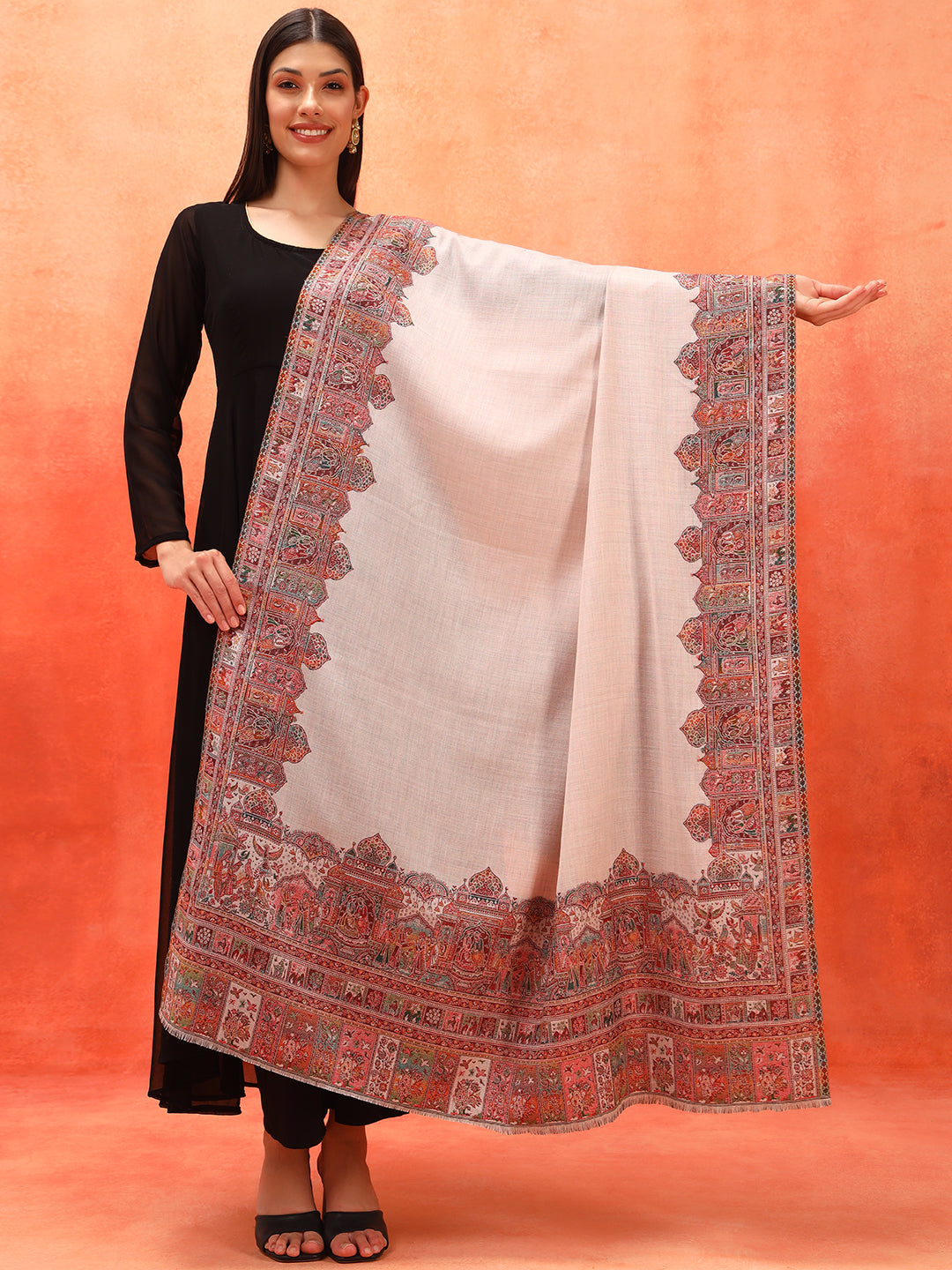 Pashmoda Women Arcadia Borders Kashmiri Jamawar Woven Shawl (Size: 101X203 CM)