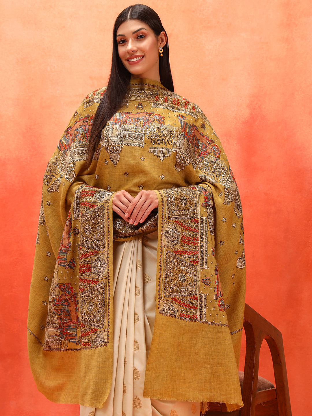 Pashmoda Women Zavian 100% Pure Wool Sozni Hand Embroidered Shawl (Size: 101x203 Cm)