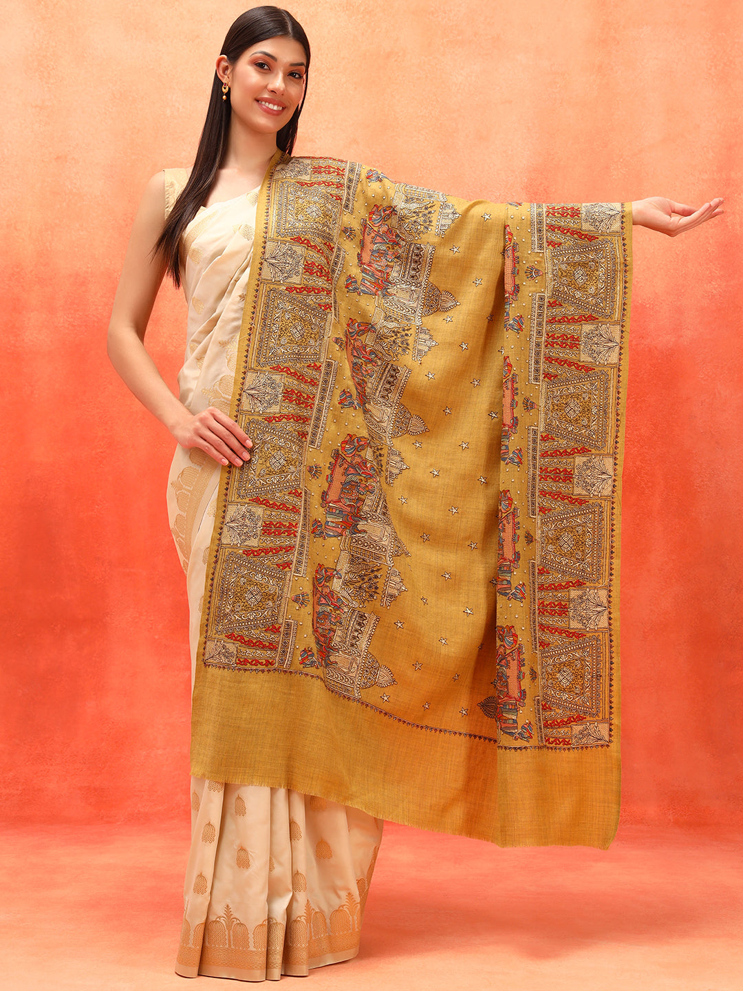 Pashmoda Women Zavian 100% Pure Wool Sozni Hand Embroidered Shawl (Size: 101x203 Cm)