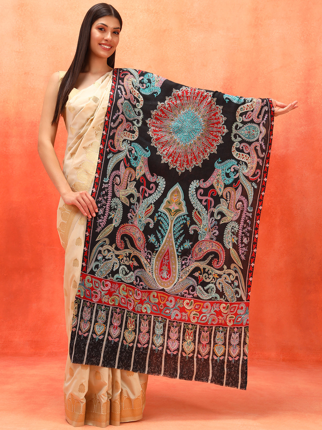 Pashmoda Women Saahtaar 100% Pure Wool Fabric Kalamkari Embroidered Stole (Size: 71x203 cm)