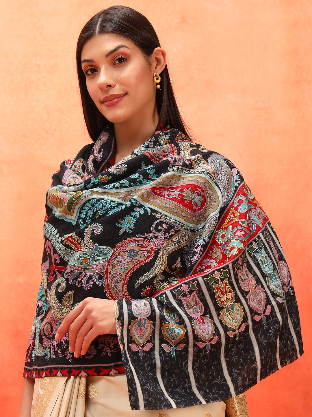 Pashmoda Women Saahtaar 100% Pure Wool Fabric Kalamkari Embroidered Stole (Size: 71x203 cm)