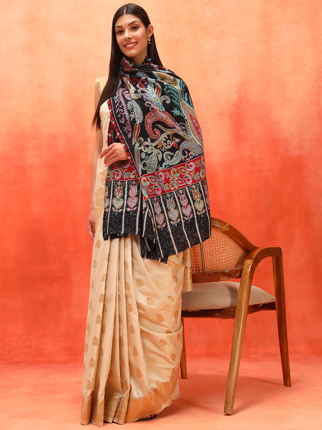 Pashmoda Women Saahtaar 100% Pure Wool Fabric Kalamkari Embroidered Stole (Size: 71x203 cm)