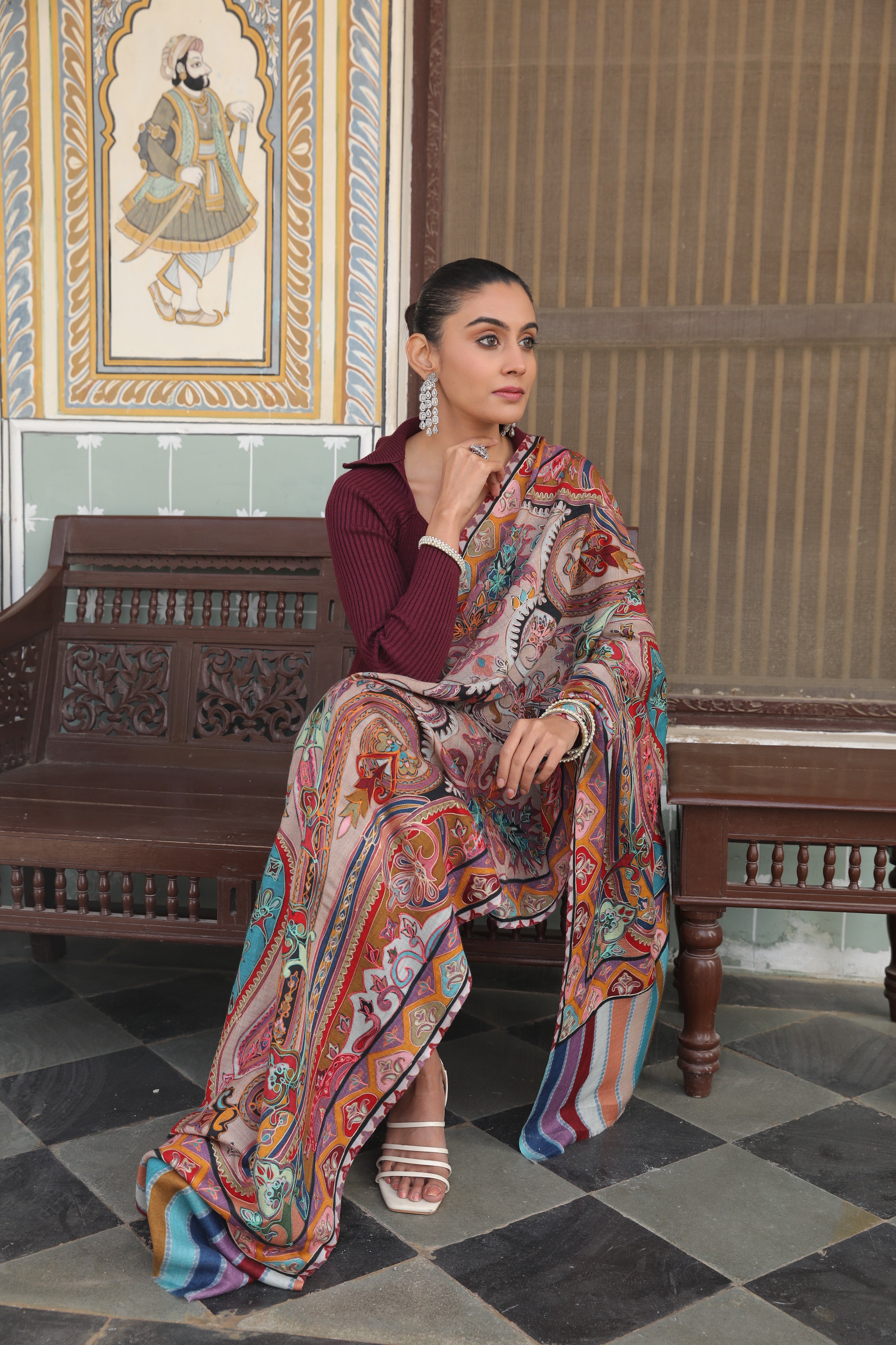 Pashmoda Women Saahtaar 100% Pure Wool Fabric Kalamkari Embroidered Stole (Size: 71x203 cm)