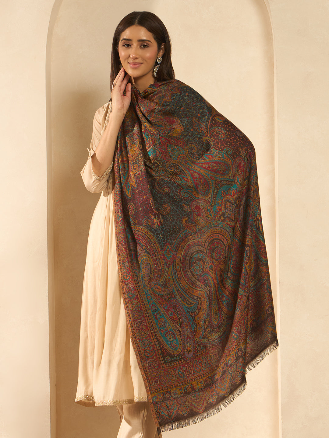 Pashmoda Women Grand Paisley Kaani Wool Blend Kashmiri Shawl, Stole, Scarf | Luxury Pashmina Jamawar Soft Warm Evening Wrap (Size 40X80 inches )