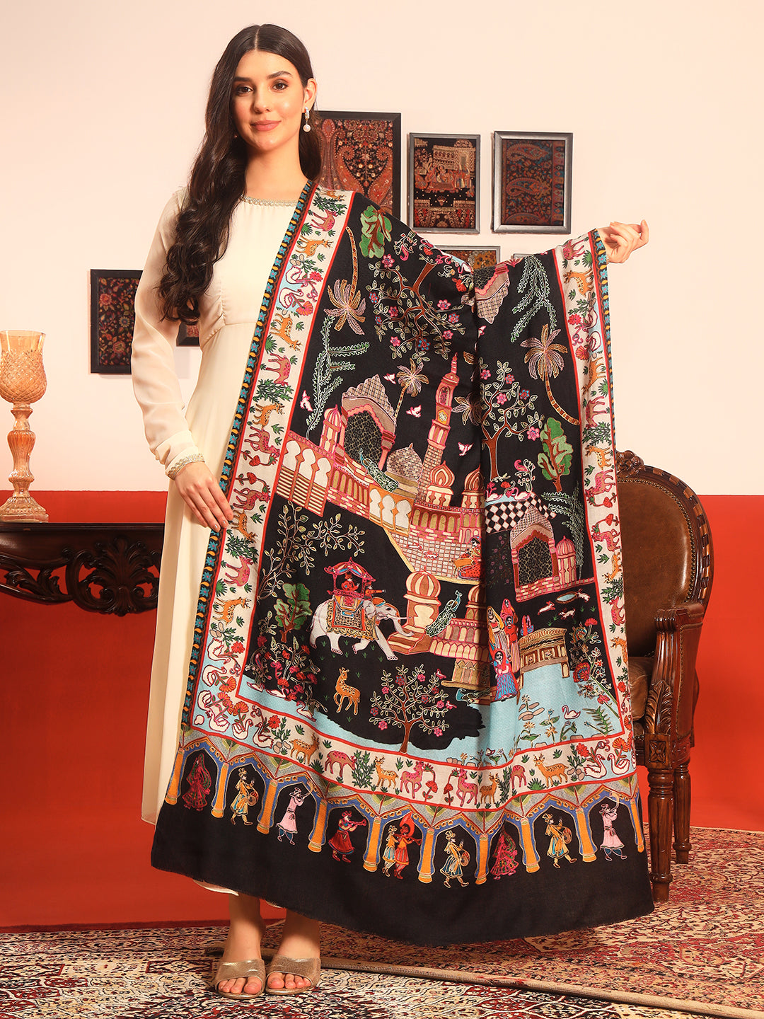 Pashmoda Women Mughal Bagh 100% Pure Wool Fabric Kalamkari Embroidered Shawl (Size: 101x203cm)