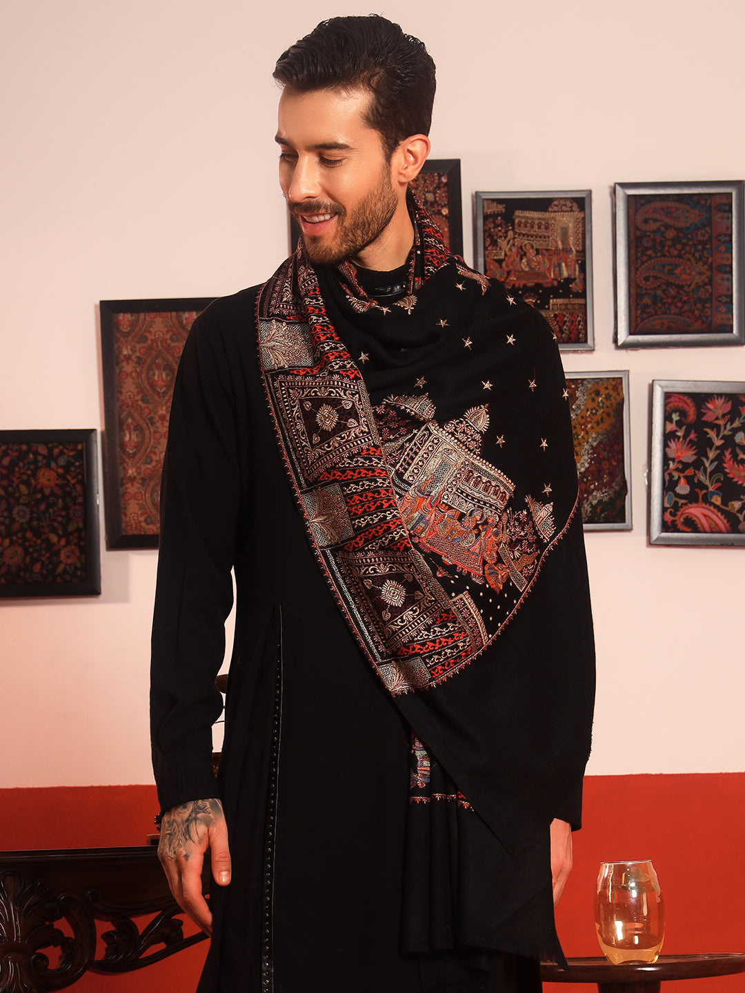 Pashmoda Men Zavian 100% Pure Wool Sozni Hand Embroidered Shawl (Size: 101x203 CM)