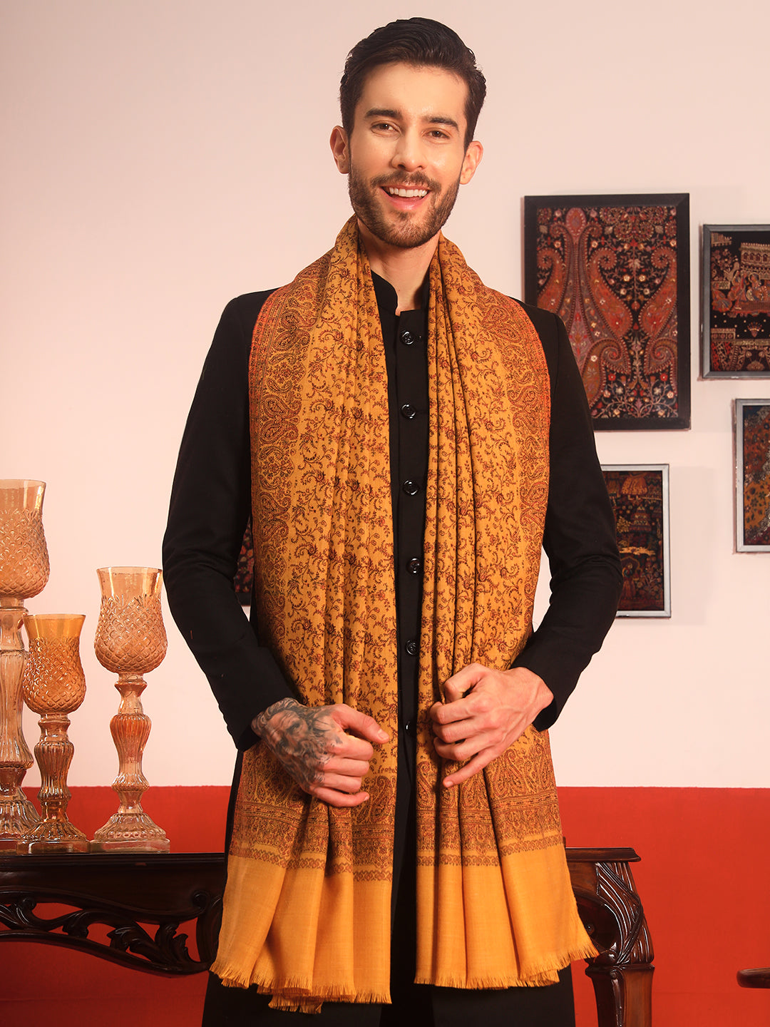Pashmoda Men Meher Jaal Kashmiri Jamawar Woven Shawl (Size: 101X203 CM)