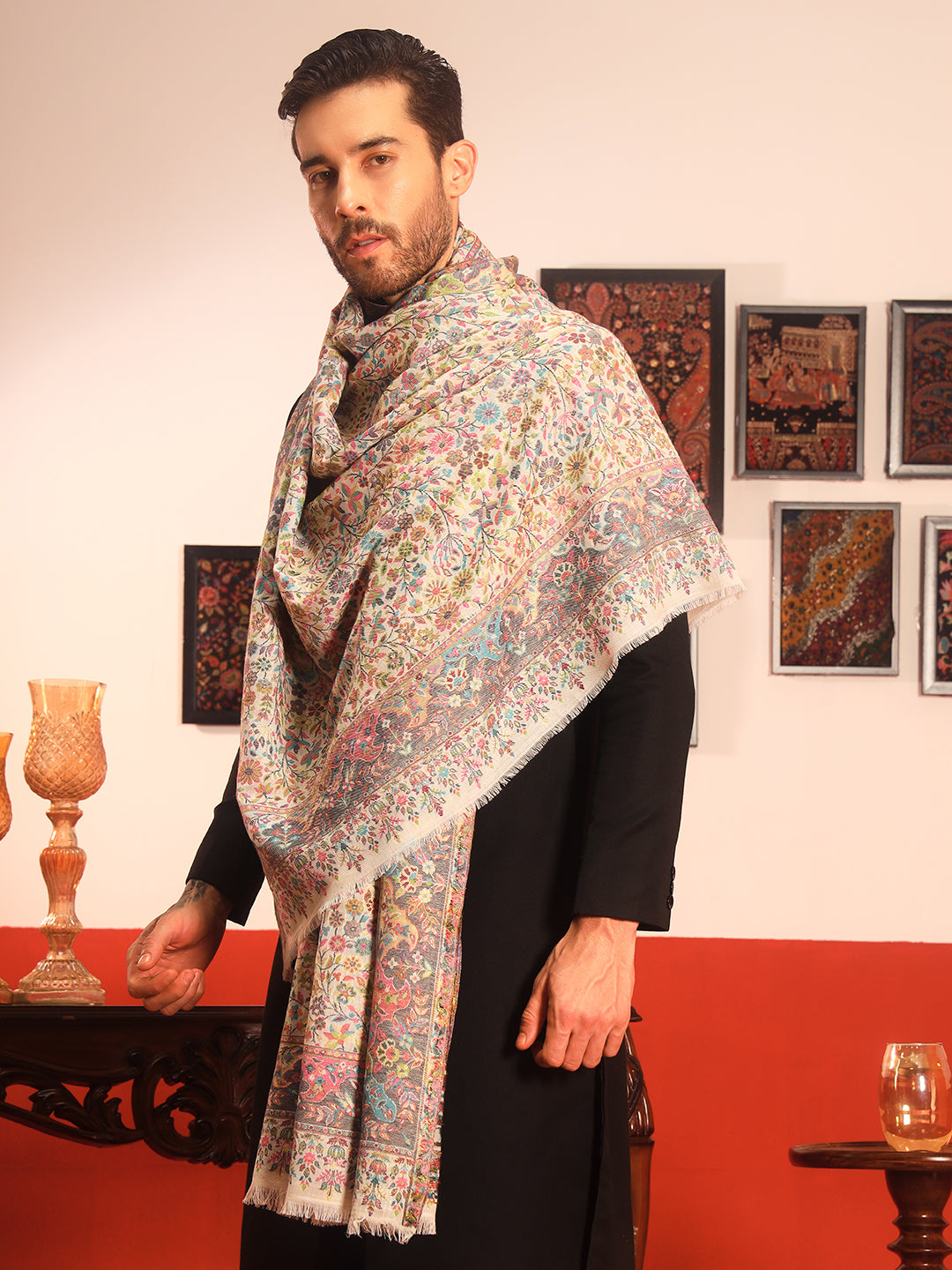 Pashmoda Men Nazrana Kaani Wool Blend Kashmiri Shawl (Size: 101X203 CM)