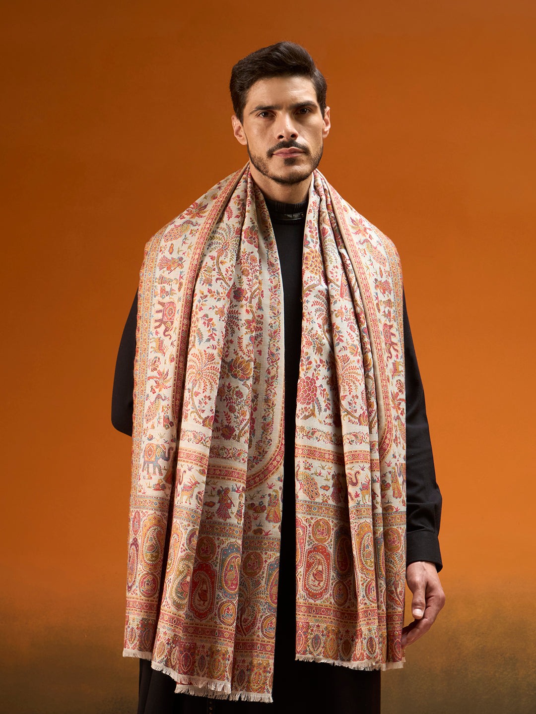 Pashmoda Men Kaani Orchard Fine Wool Kalamkari Embroidered Shawl, Stole and Wrap, Sustainable and Natural Fabric, Heritage Kashmiri Pashmina MEDIUM SIZE (Size 40x80 Inches)