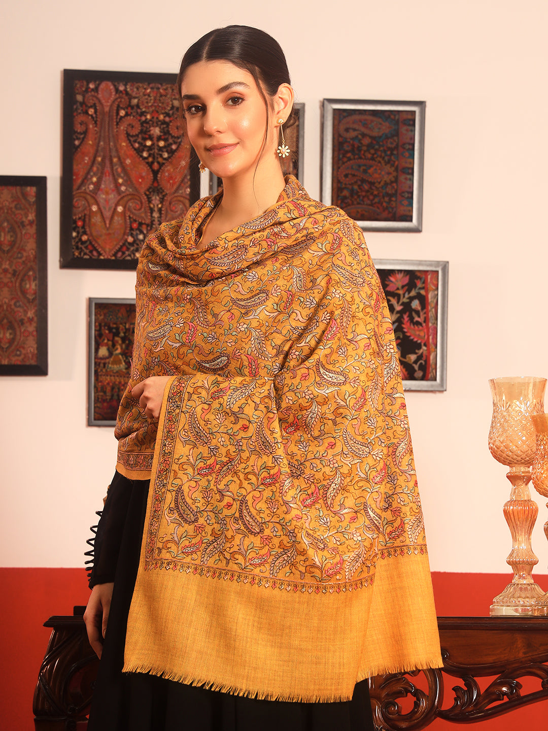 Pashmoda Women’s 100% Pure Wool Sozni Hand Embroidered Stole (Size: 71x203 cm)