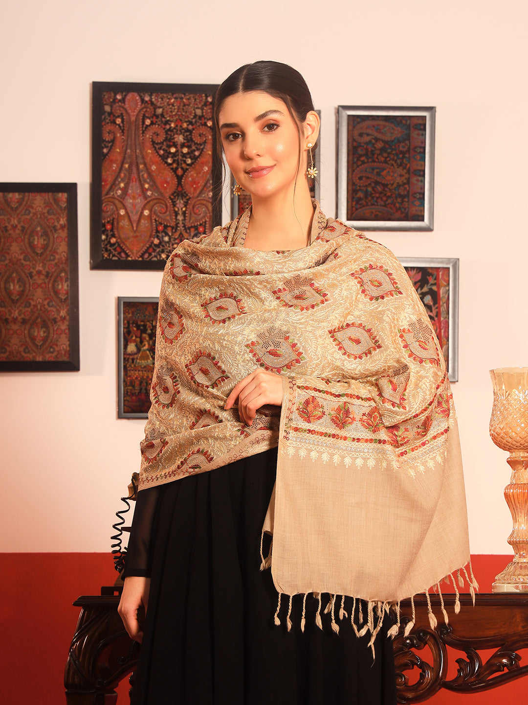 Pashmoda Women Ornate Harmony Fine Wool Nalki Embroidered Stole (Size : 71X203 CM)