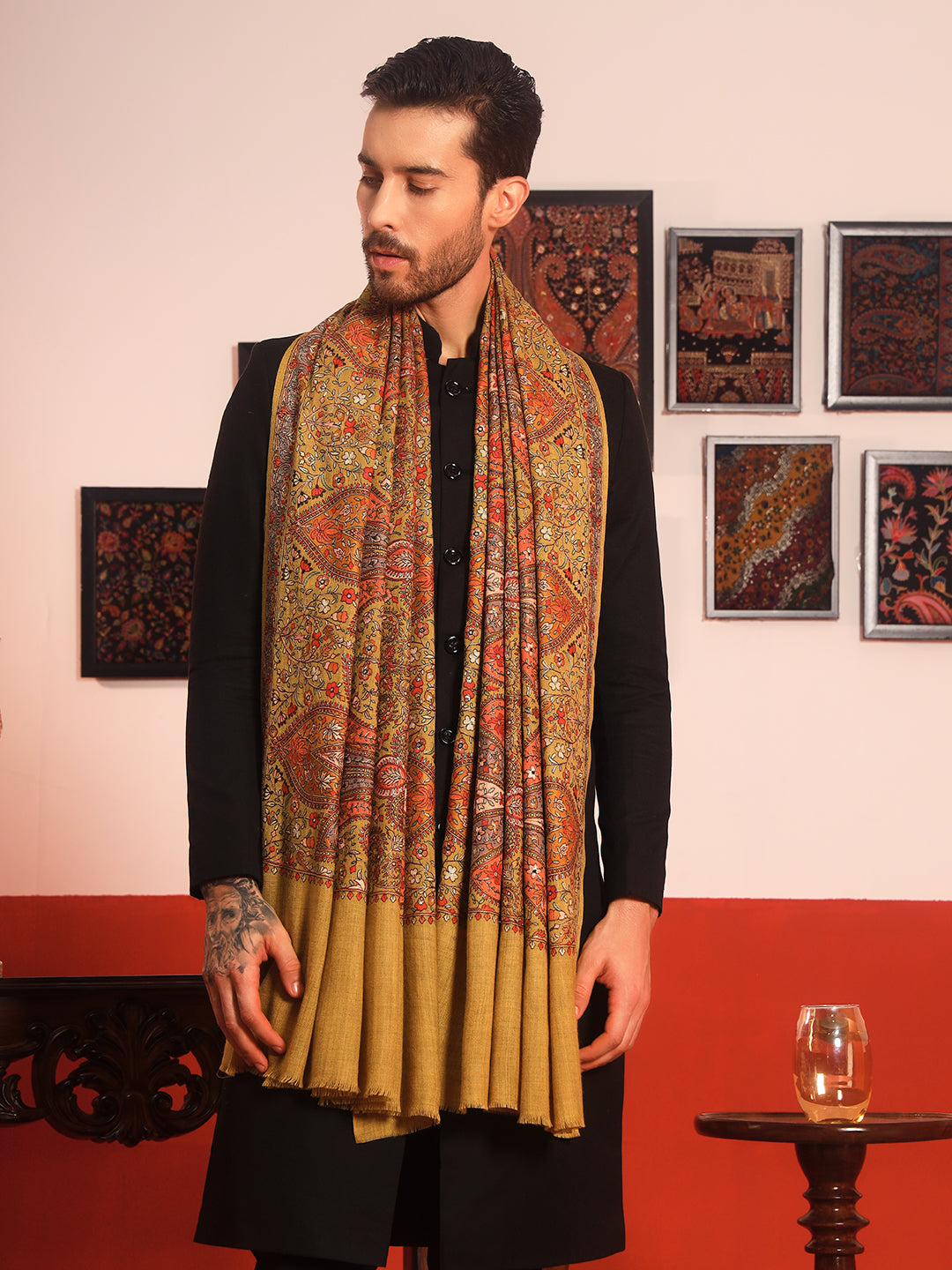 Pashmoda Men Mahnoor 100% Pure Wool Sozni Hand Embroidered Shawl (Size: 101x203 CM)