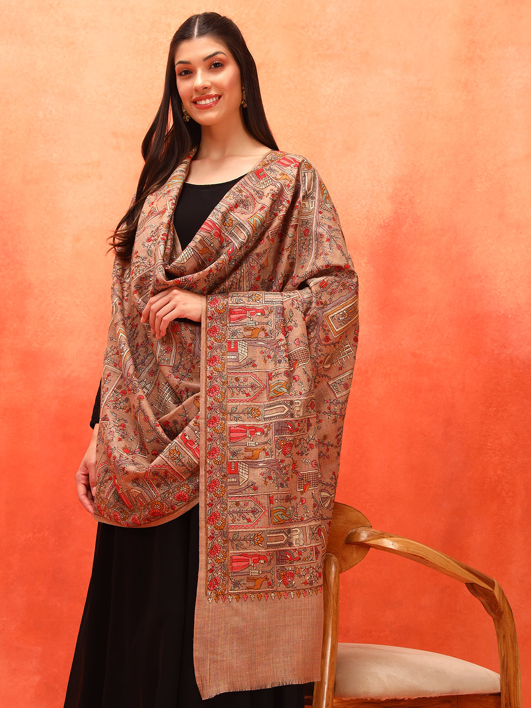 Pashmoda Women Arwina 100% Pure Wool Sozni Hand Embroidered Shawl (Size: 101x203 CM)