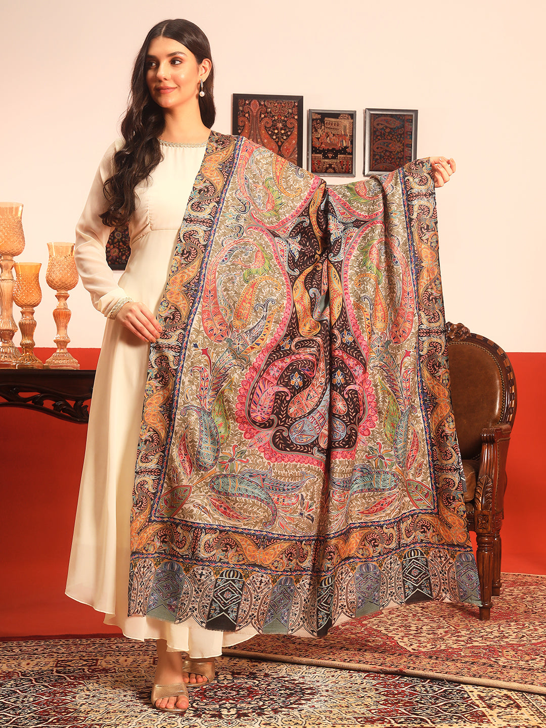 Pashmoda Women Rangmehal Fine Wool Fabric Pashmina Kalamkari Embroidered Shawl (Size: 101x203 CM)