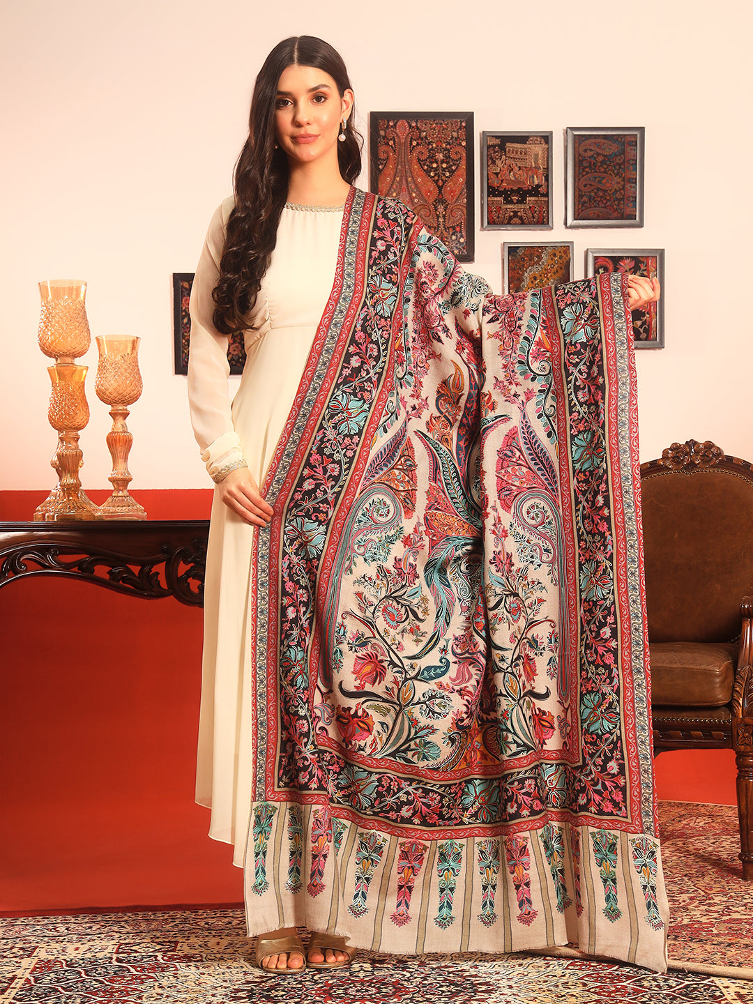 Pashmoda Women Rangkalam 100% Pure Wool Fabric Kalamkari Embroidered Shawl (Size: 101x203 CM)