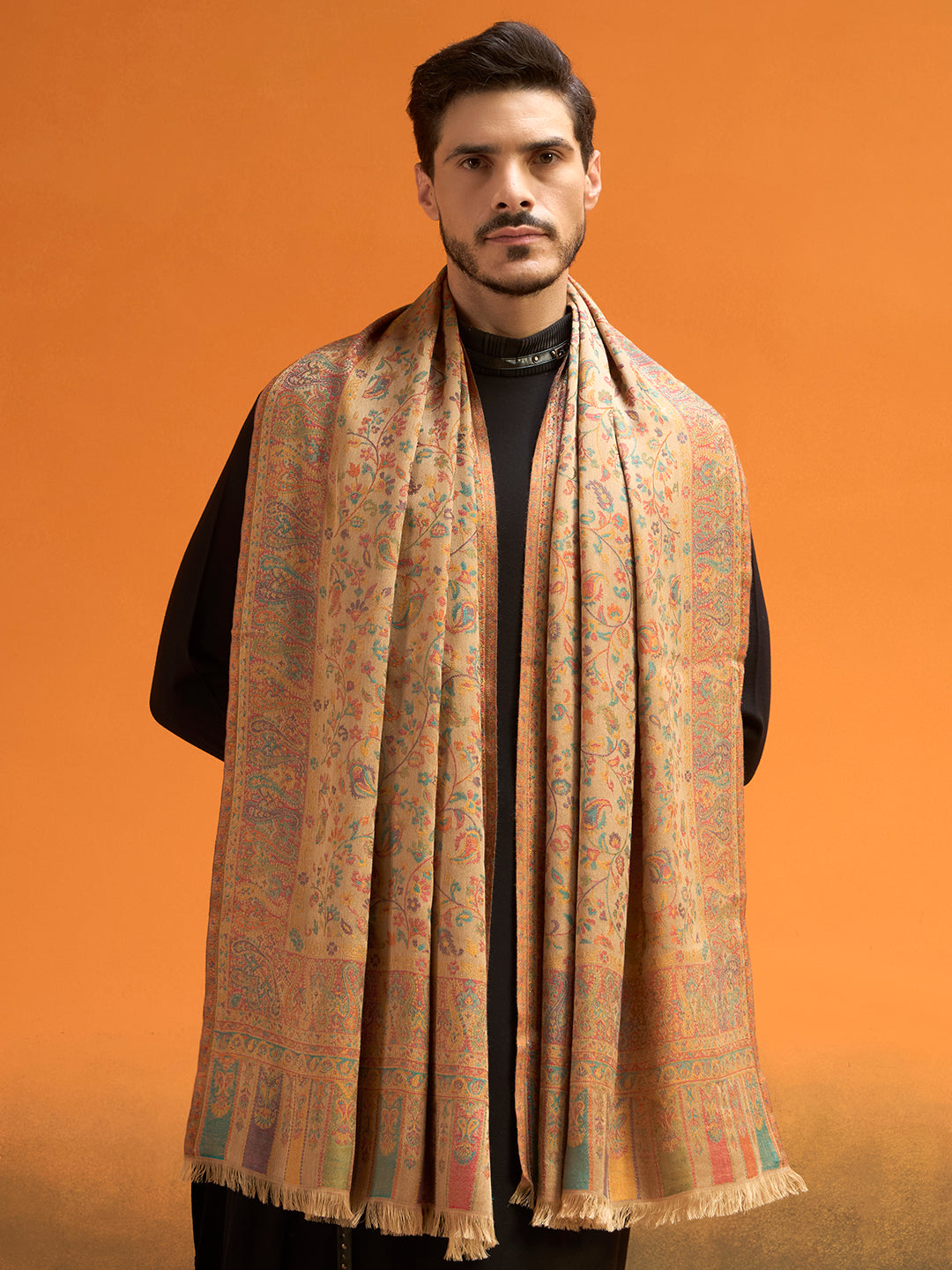 Pashmoda Men Royal botanica Kaani Stole, Authentic Kashmiri Pashmina Style Wool Shawl, Gents Lohi Wrap, Traditional Jamawar Woven Design, Beige Colour (28 x 80 Inches)