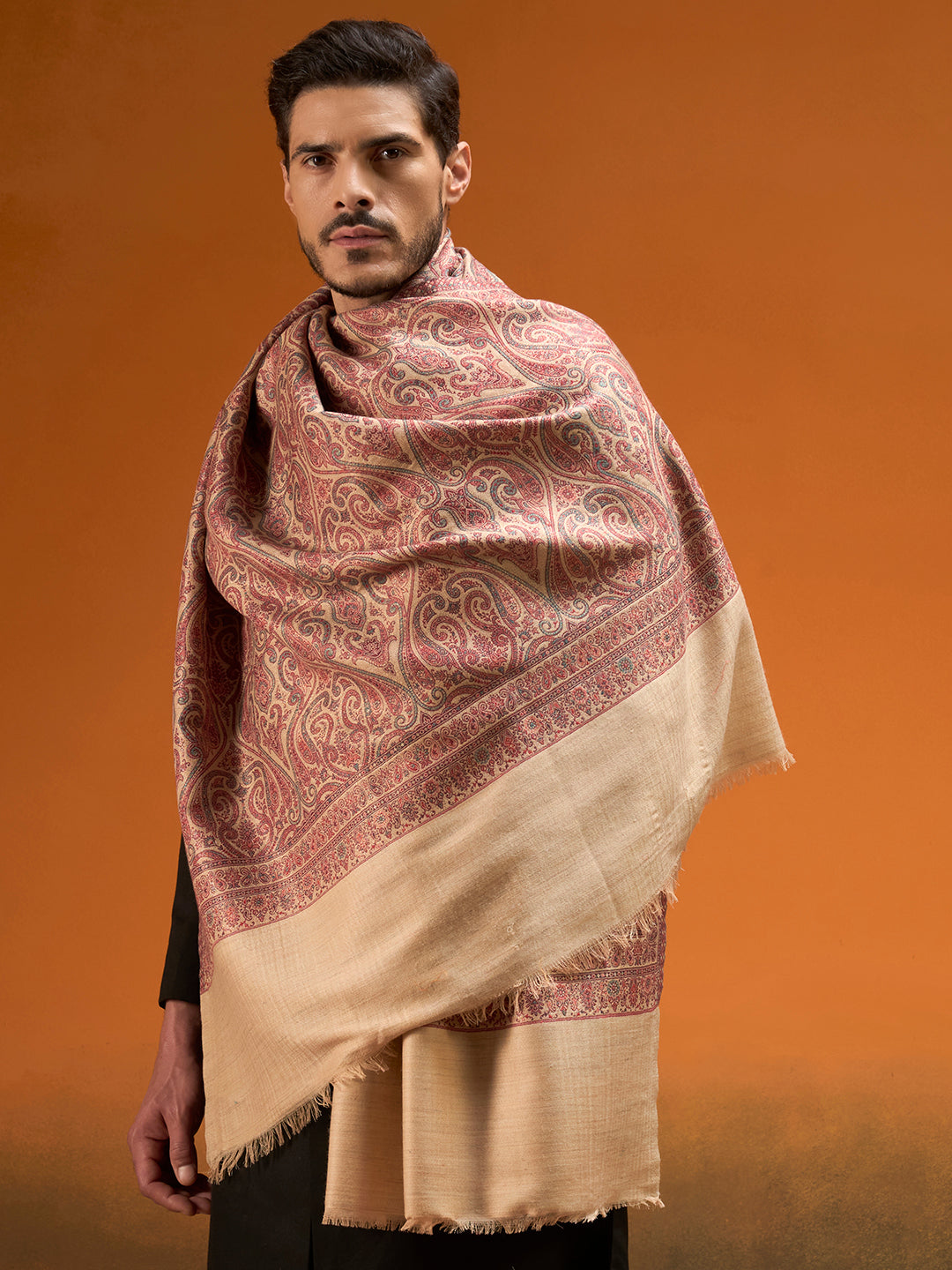 Pashmoda Men Regalis Reversible Kaani Zari Shawl, Rich All-Over Zari Woven Design, Authentic Kashmiri Pashmina Style Wrap, Medium Gents Lohi, Gift Box Packed, Beige Colour (40 x 80 Inches)