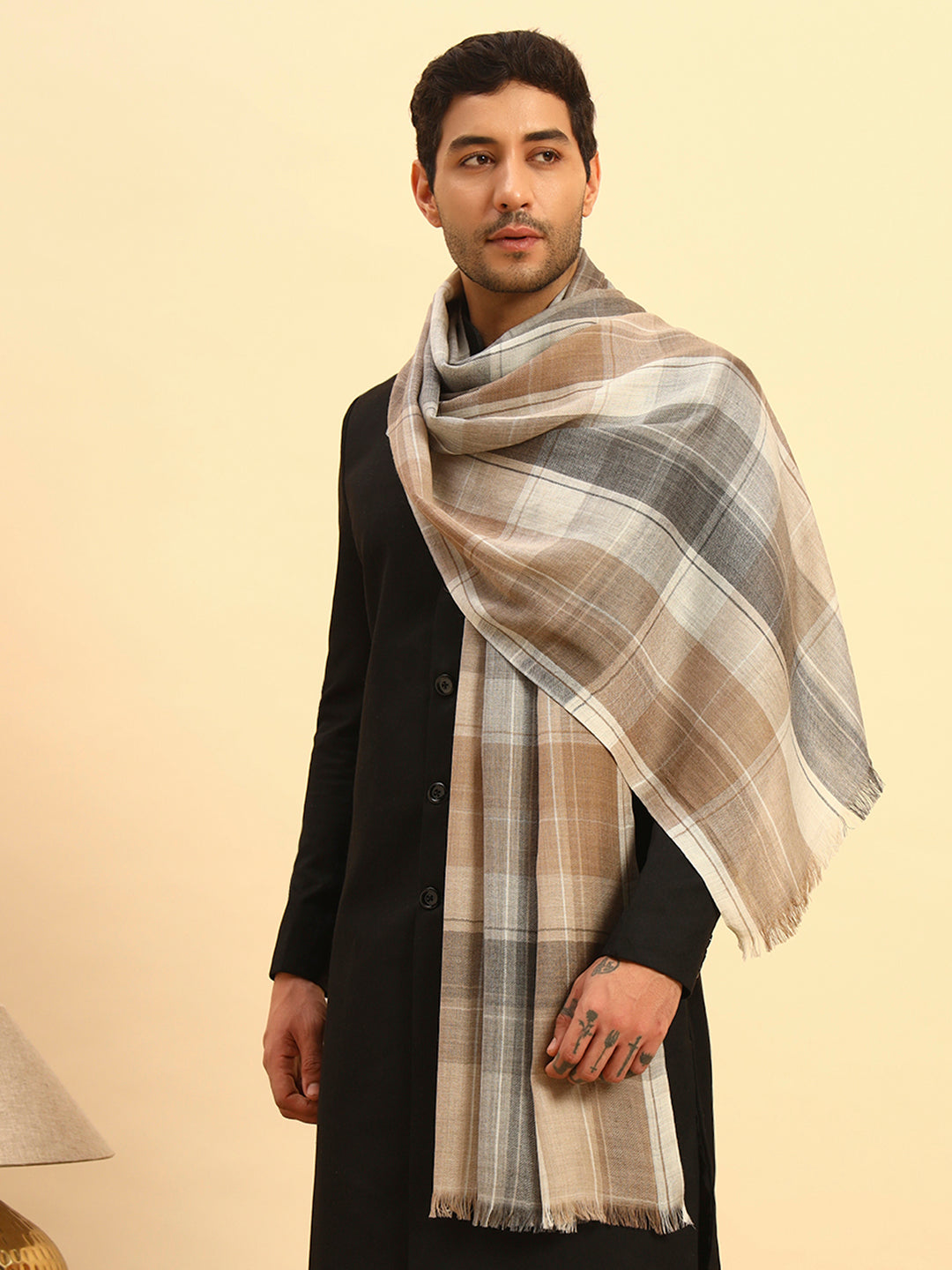 Pashmoda Men Moderen Tartan Woollen Checkered Stole (Size :71X203cm)