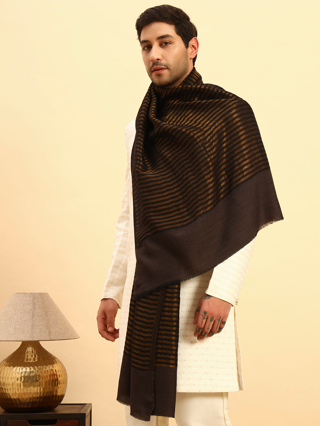 Pashmoda Men Golden Eclipse Reversible Zari Moonlight Fine Wool Stole (Size: 71x203 Cm)