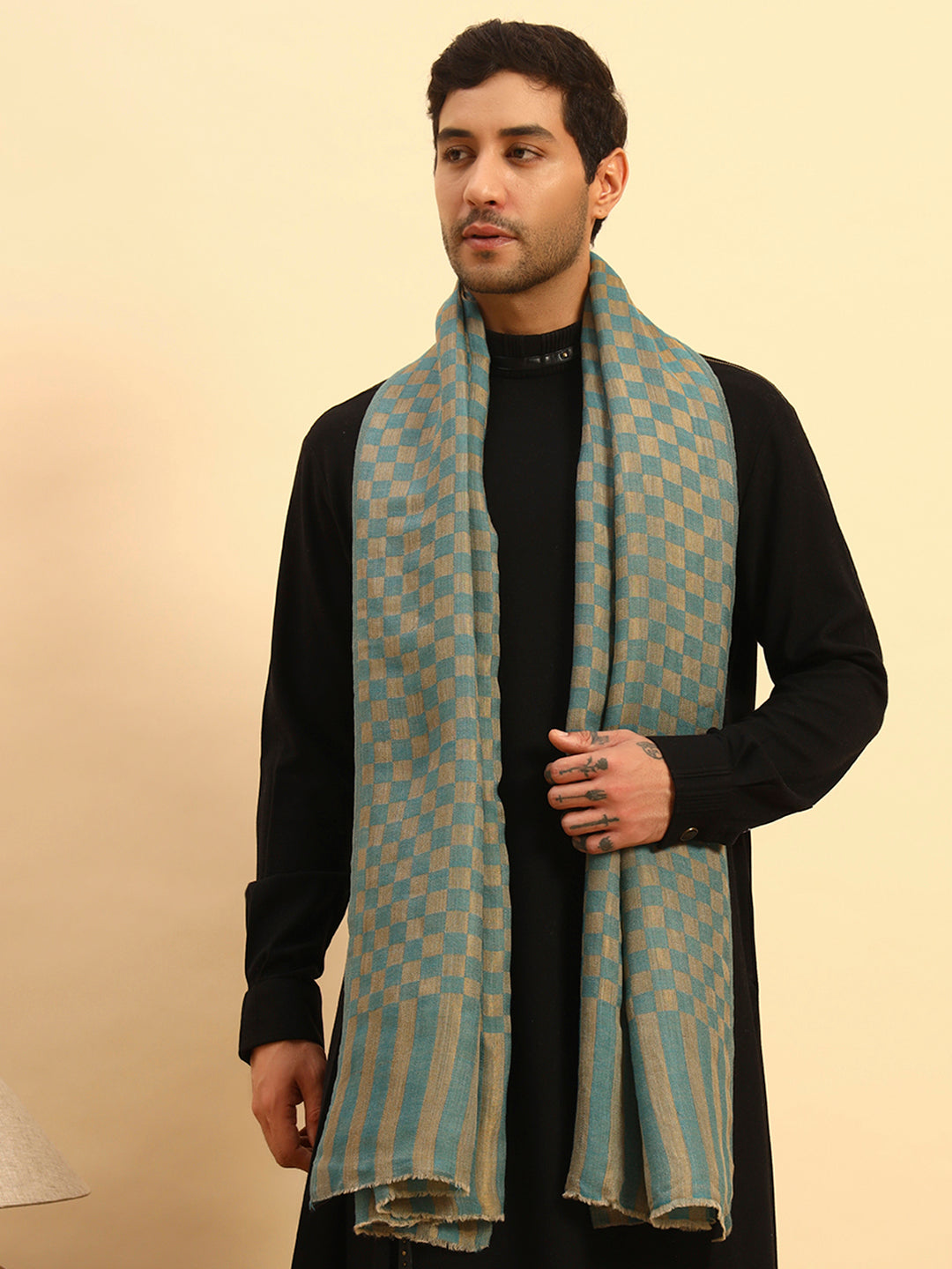 Pashmoda Men Champagne Check Reversible Zari Moonlight Fine Wool Stole (Size: 71x203 Cm)