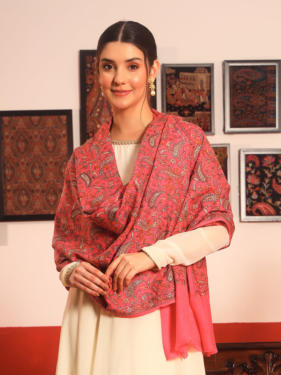 Pashmoda Women’s 100% Pure Wool Sozni Hand Embroidered Stole (Size: 71x203 cm)