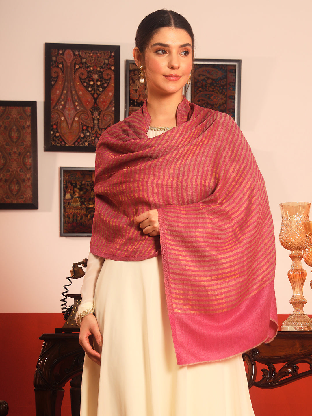 Pashmoda Women Golden Eclipse Reversible Zari Moonlight Fine Wool Stole (Size: 71x203 Cm)