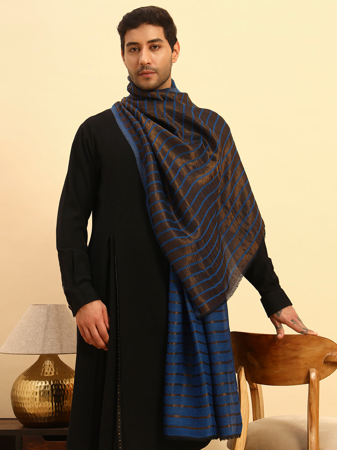 Pashmoda Men Golden Mirage Reversible Zari Moonlight Fine Wool Stole (Size: 71x203 Cm)