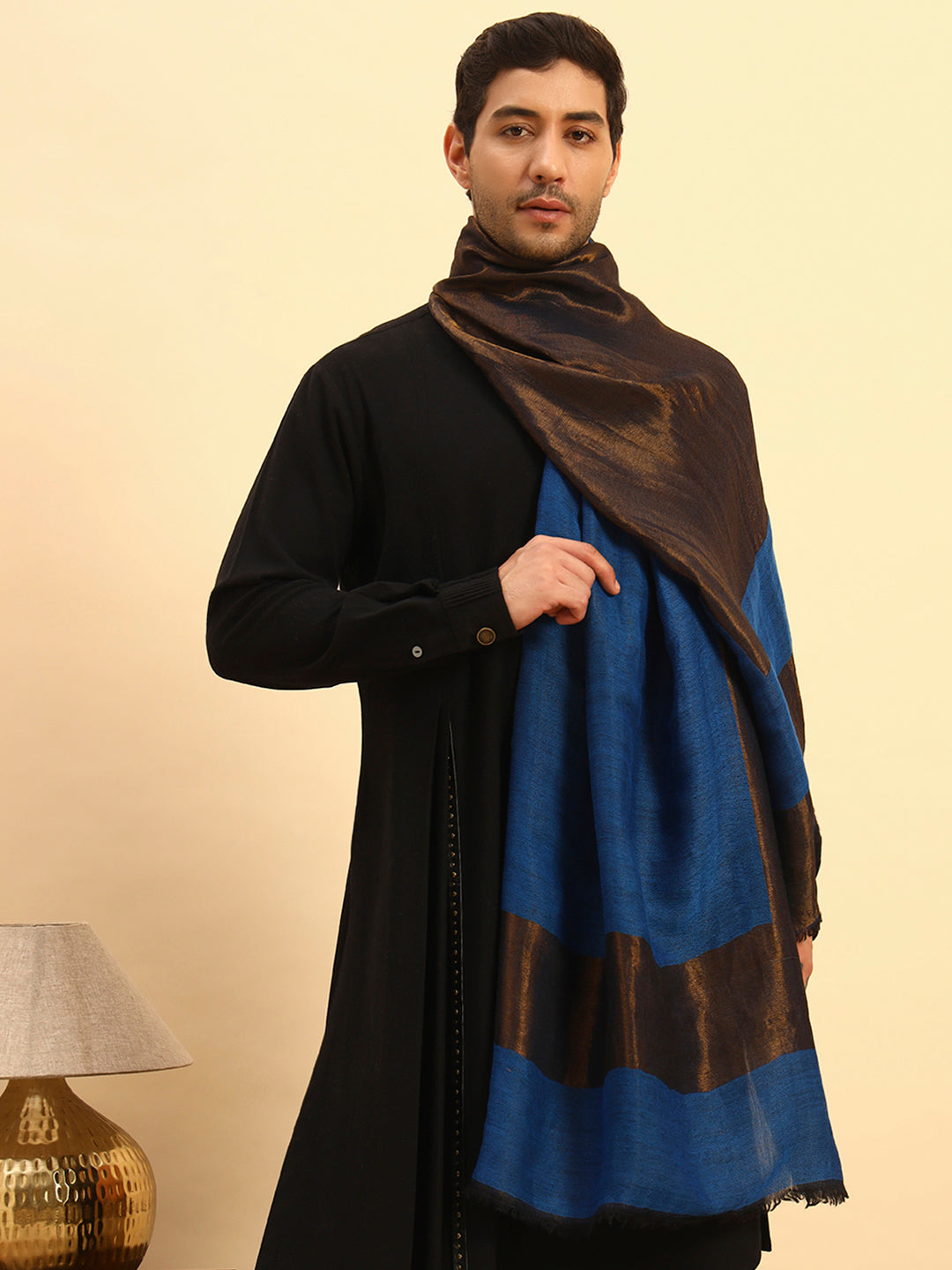 Pashmoda Men Midnight Bronze Reversible Zari Moonlight Fine Wool Stole (Size: 71x203 Cm)