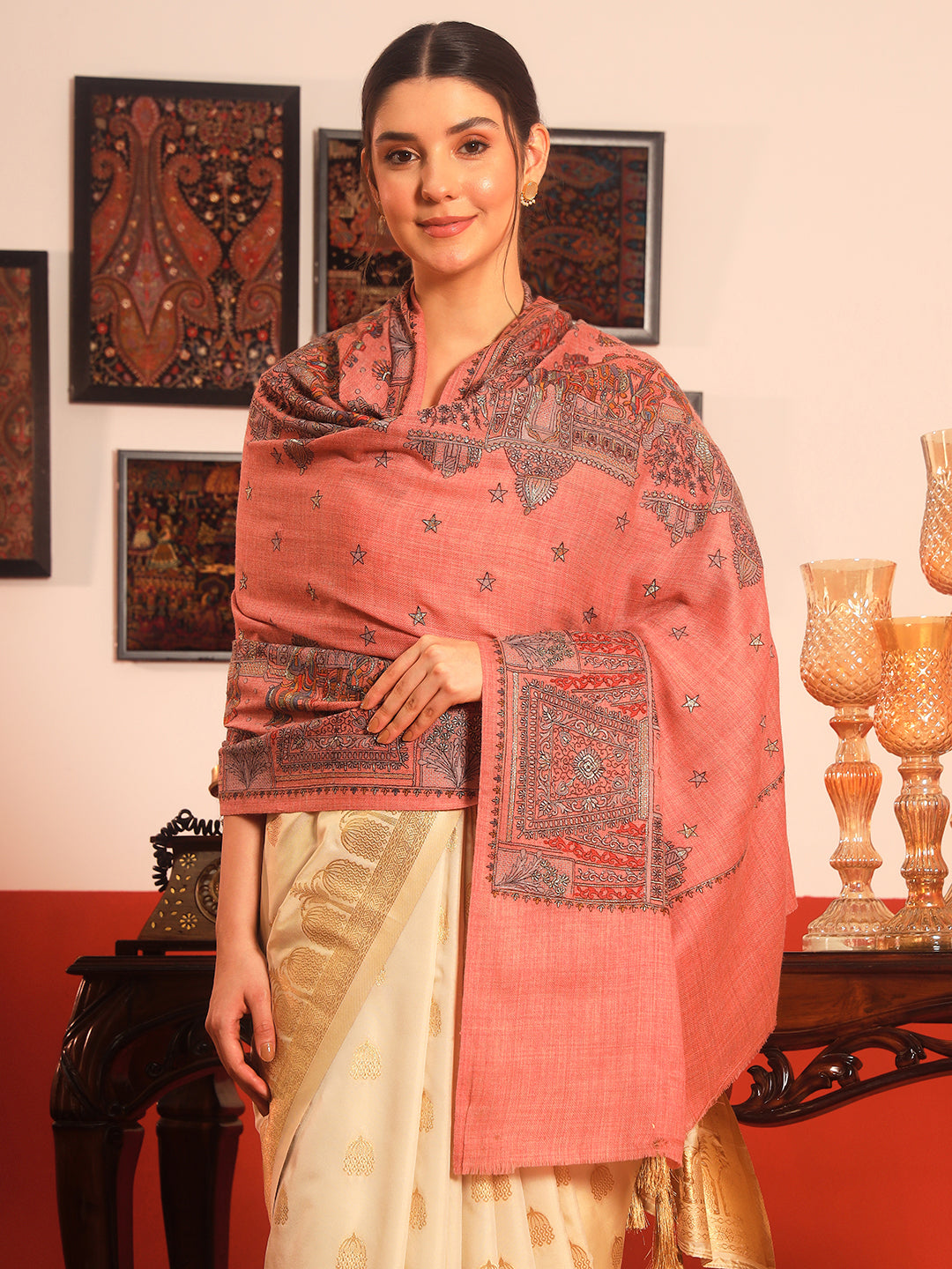 His and Her Gift Set of 100% Pure Wool Kalamkari Shawl and 100% Pure Wool Sozni Embroidered Shawl With Wooden Gift Box