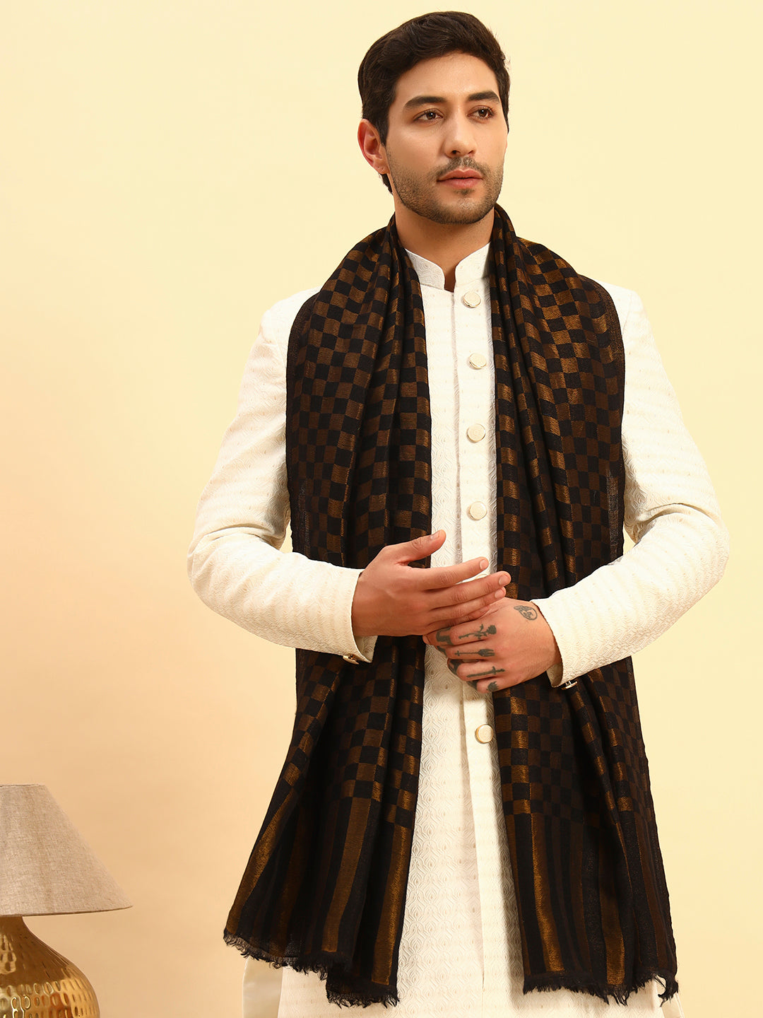 Pashmoda Men Champagne Check Reversible Zari Moonlight Fine Wool Stole (Size: 71x203 Cm)