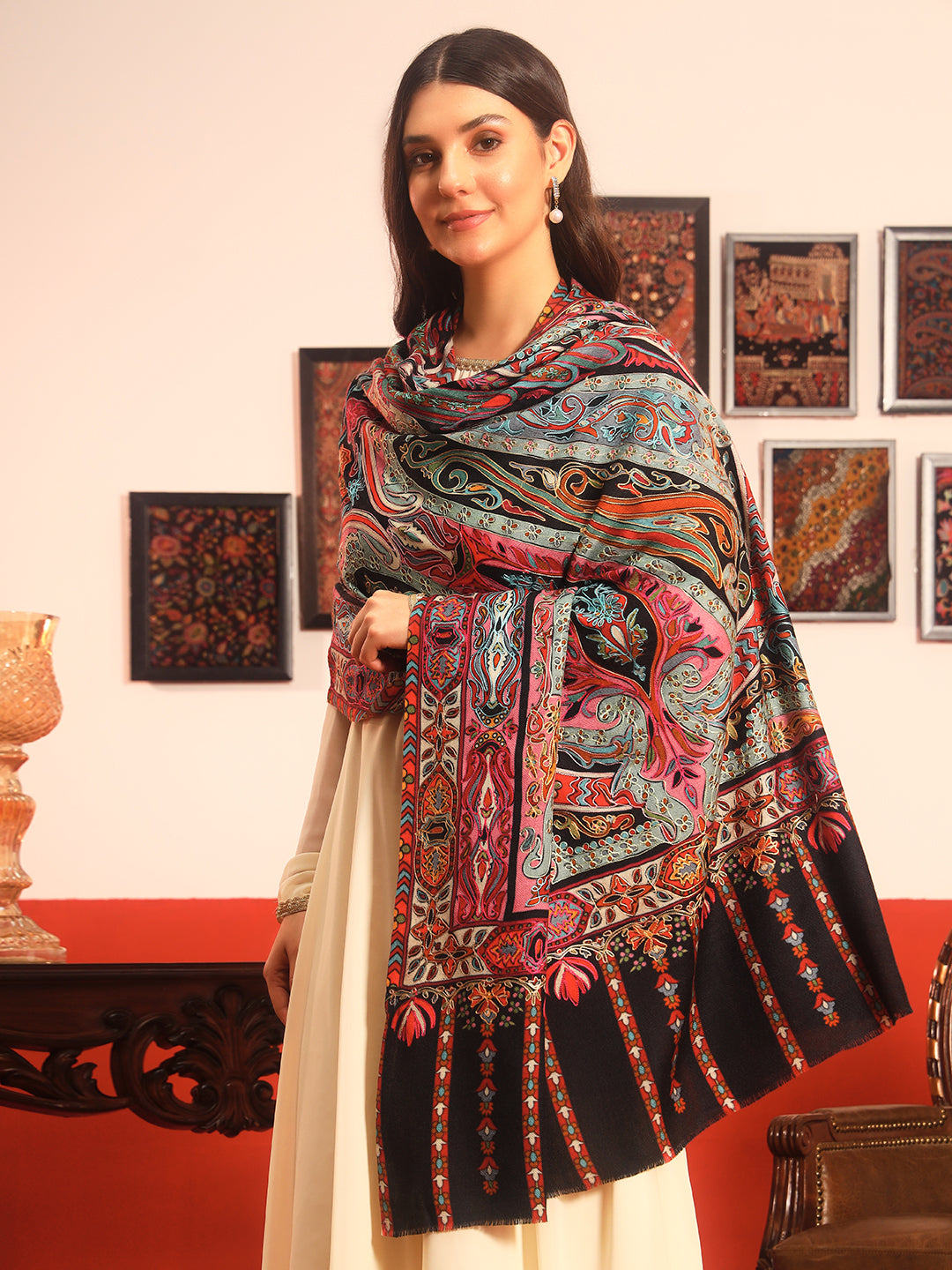 Pashmoda Women Rangrez Rangkalam 100% Pure Wool Fabric Kalamkari Embroidered Shawl (Size:101x203 cm)