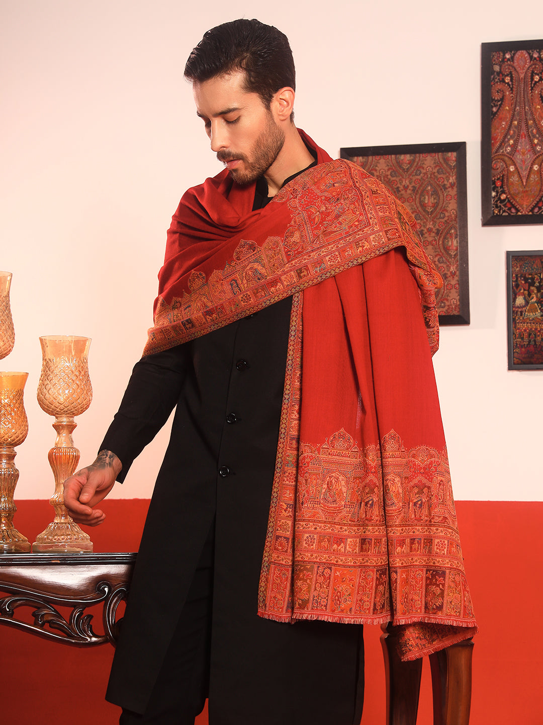 Pashmoda Men Arcadia Borders Kashmiri Jamawar Woven Shawl (Size: 101X203 CM)