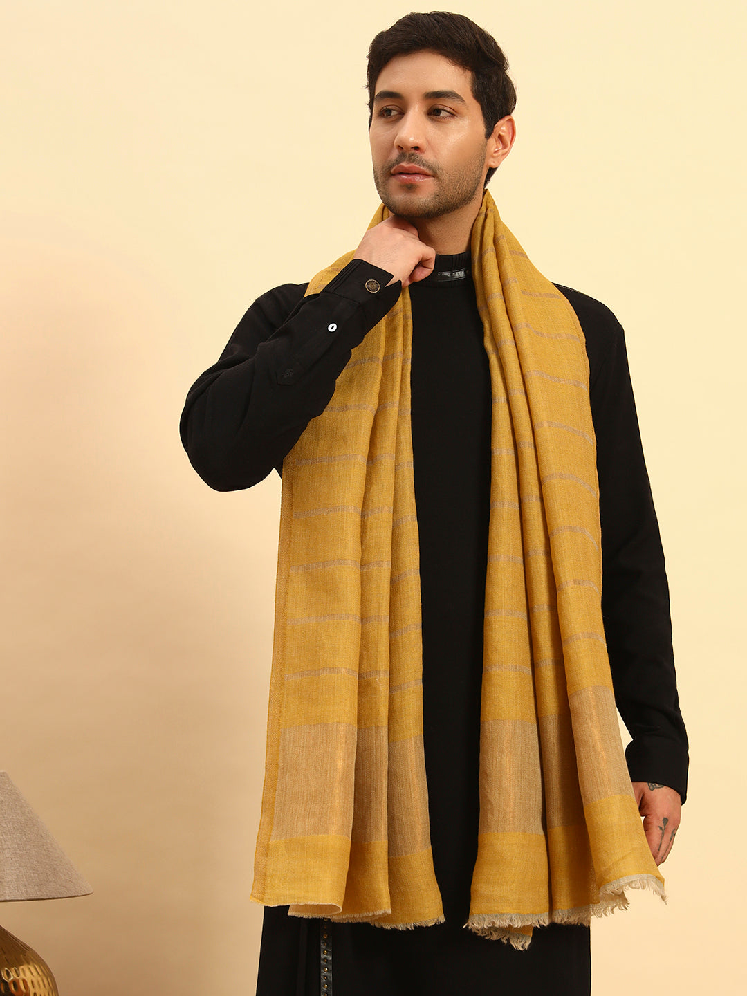 Pashmoda Men Parallel Grace Reversible Zari Moonlight Fine Wool Stole (Size: 71x203 Cm)