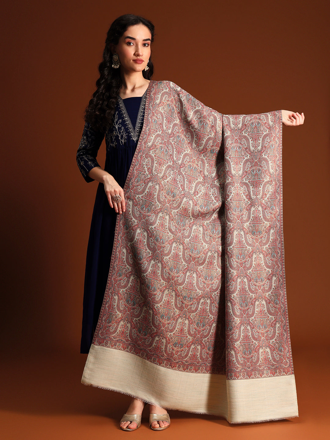 Pashmoda Women Gulnaar Royale Zari Reversible Kaani Fine Wool Shawl, Shawl, Scarf, Heritage Kashmiri Pashmina Stole, Evening Wrap (Size 40X80 inches)