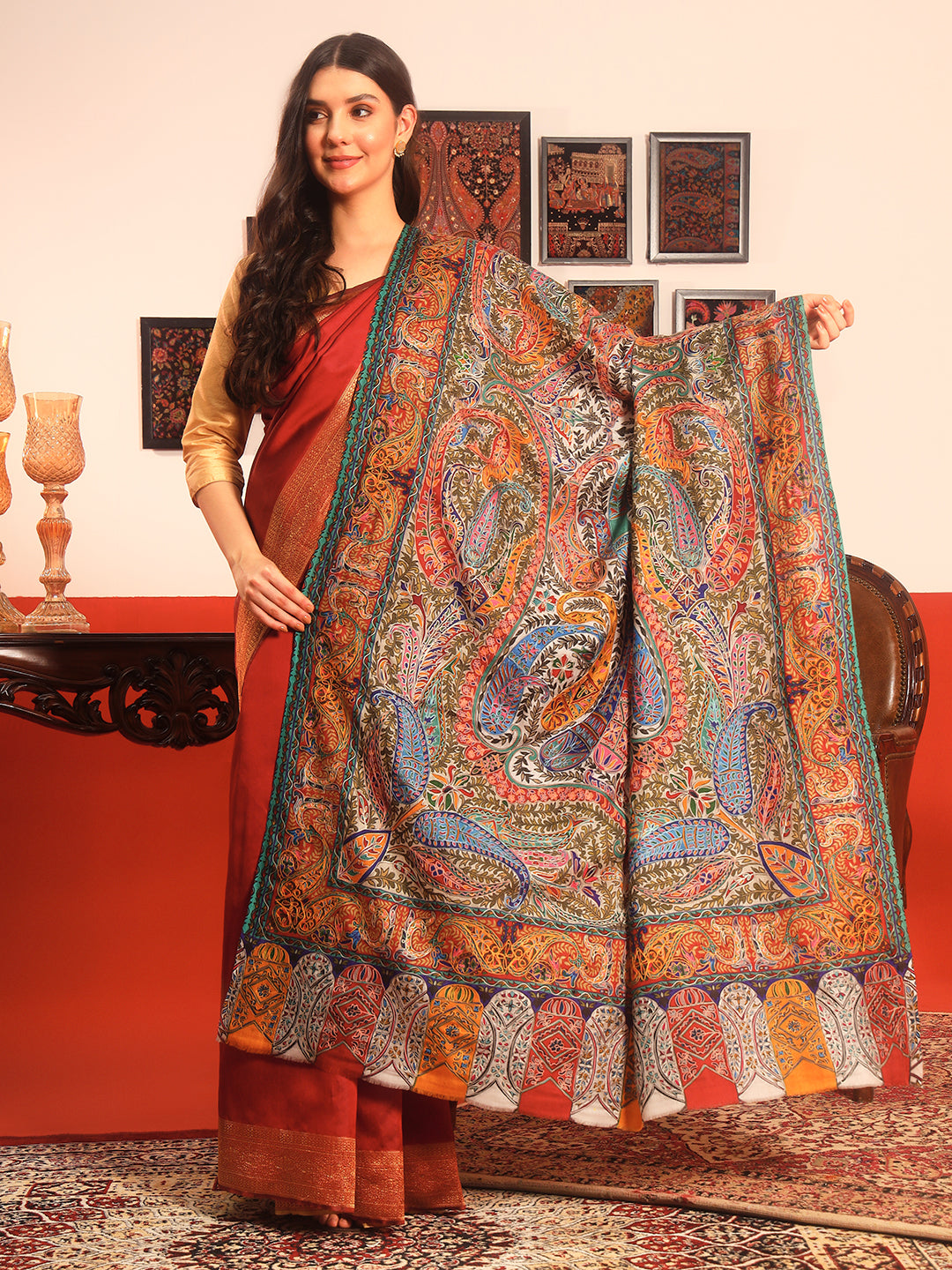 Pashmoda Women Rangmehal Fine Wool Fabric Pashmina Kalamkari Embroidered Shawl (Size: 101x203 CM)