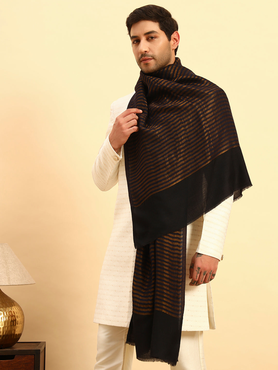 Pashmoda Men Golden Eclipse Reversible Zari Moonlight Fine Wool Stole (Size: 71x203 Cm)