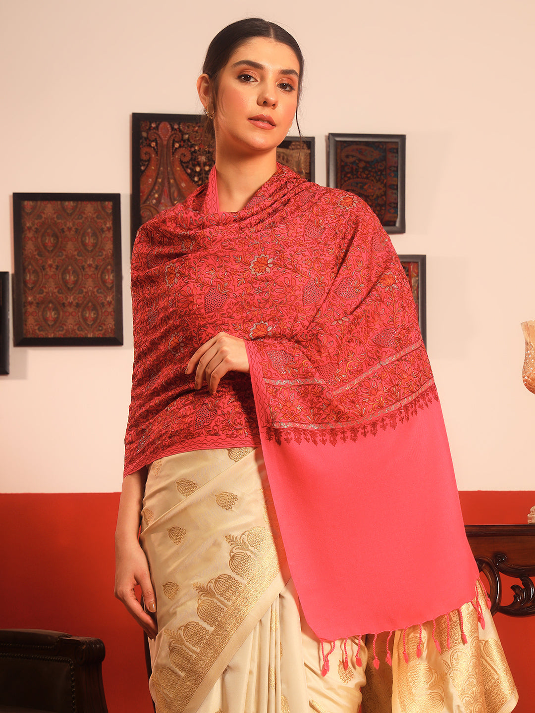 Pashmoda Women Hunar Fine Wool Nalki Embroidered Stole (Size : 71X203 CM)